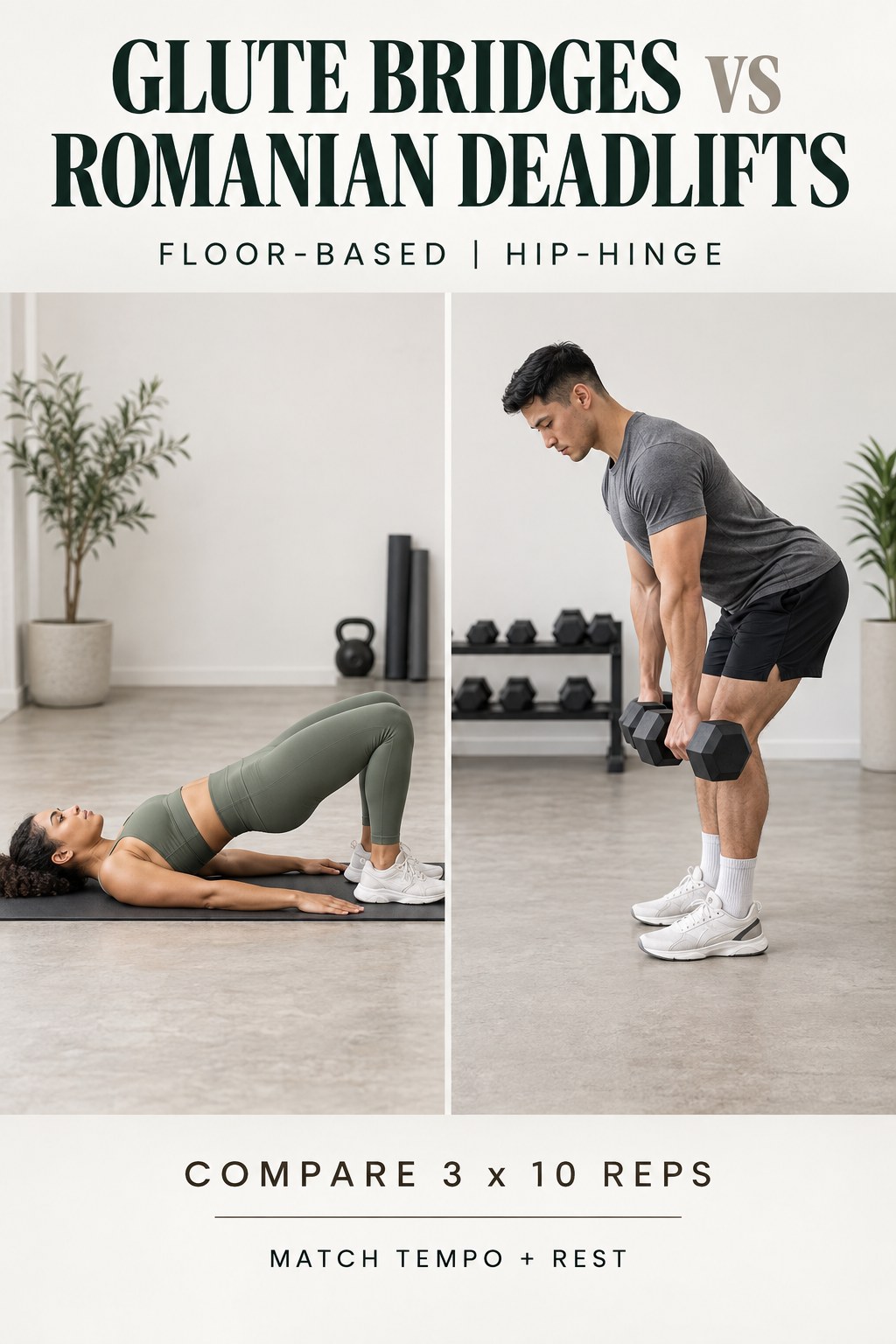 Adults demonstrating glute bridges and light dumbbell Romanian deadlifts with controlled form.