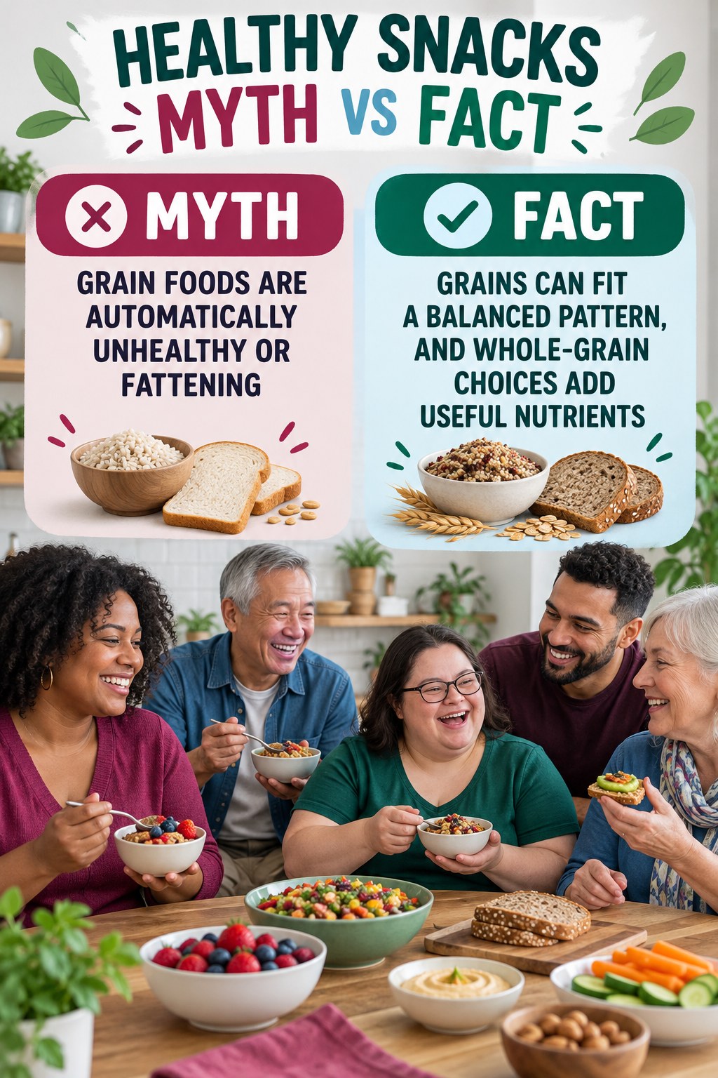 Healthy Snacks Myth vs Fact graphic correcting the misconception about grain foods.