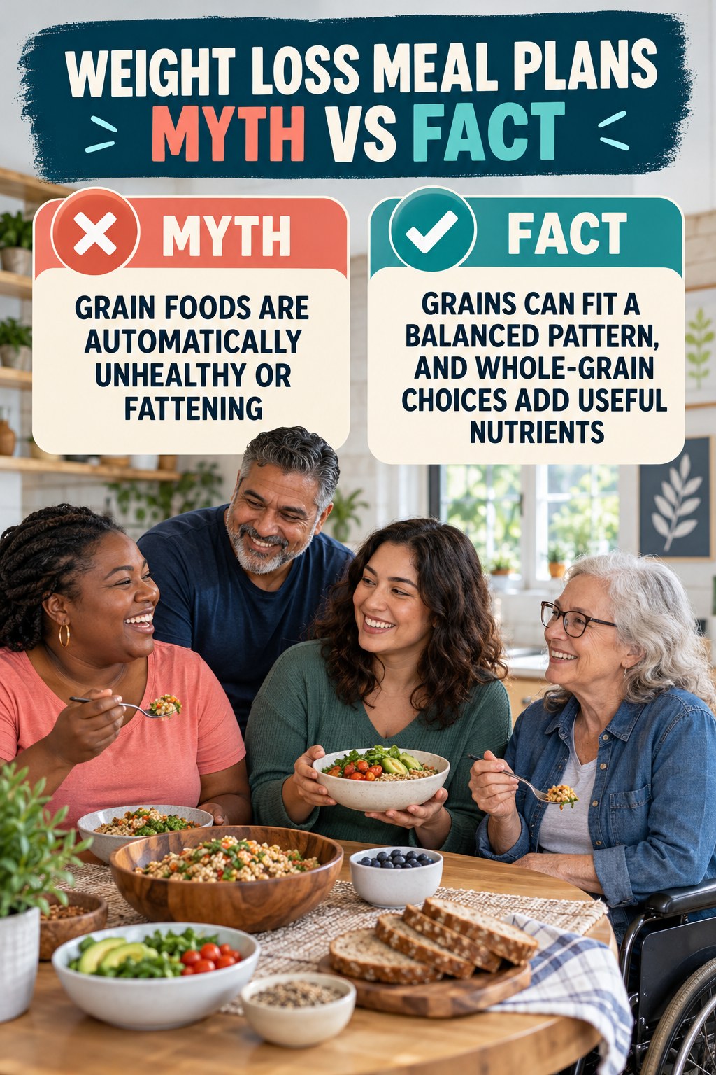 Weight Loss Meal Plans Myth vs Fact graphic correcting the misconception about grain foods.