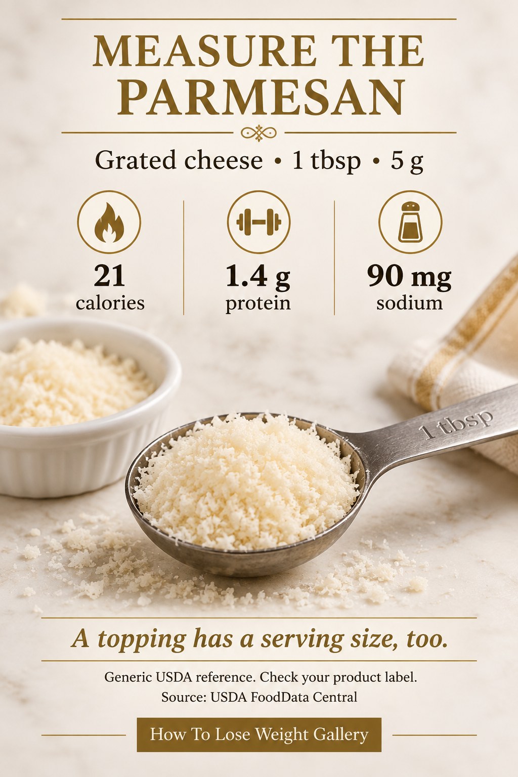 Grated Parmesan nutrition card with 21 calories, 1.4 grams protein, and 90 milligrams sodium per 5-gram tablespoon.