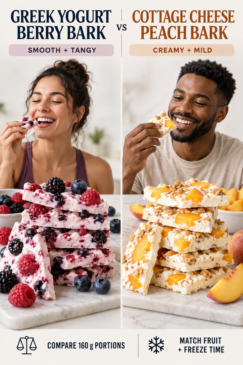 Greek yogurt berry bark and cottage cheese peach bark in equal frozen dessert portions.