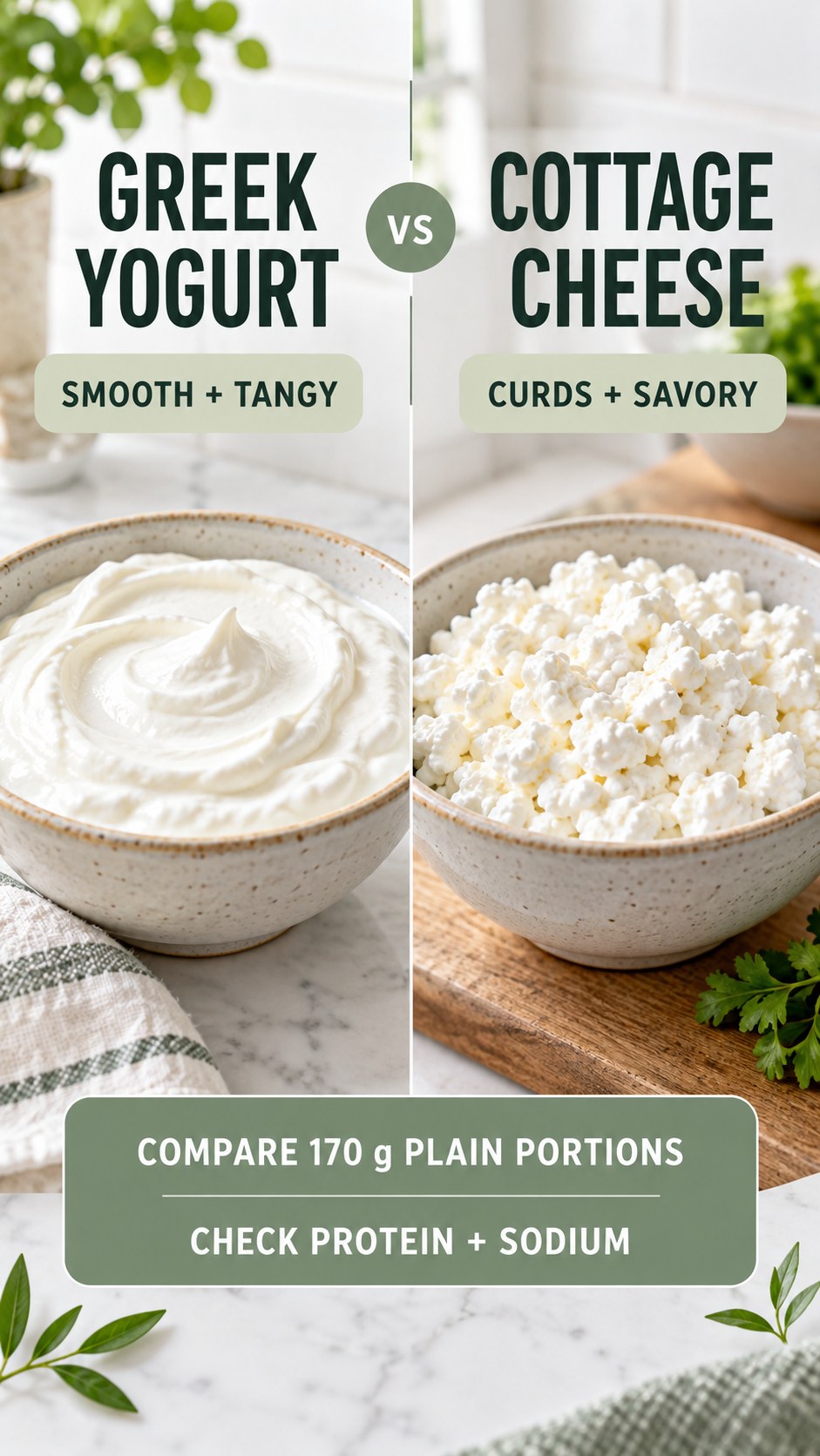 Plain Greek yogurt and cottage cheese in equal 170 g bowls, compared for texture, protein, sodium, and cultures.