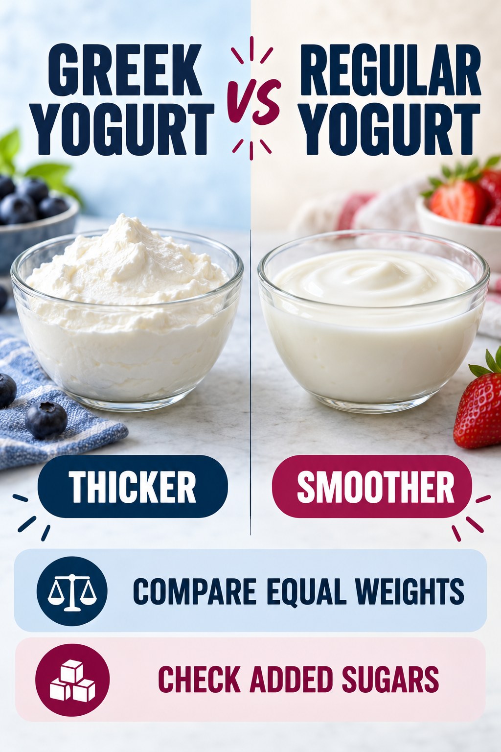 Plain Greek yogurt and regular yogurt compared in equal-weight bowls for texture, label reading, and practical uses.