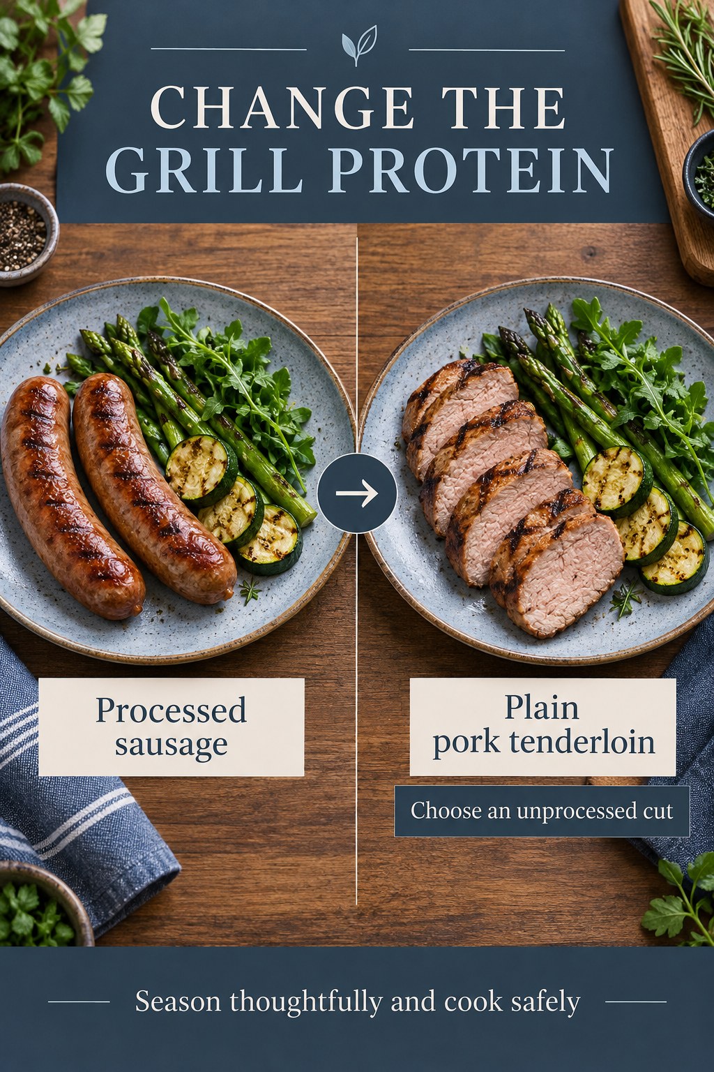 Grilled sausage compared with sliced plain pork tenderloin on matching vegetable plates over a wooden table.