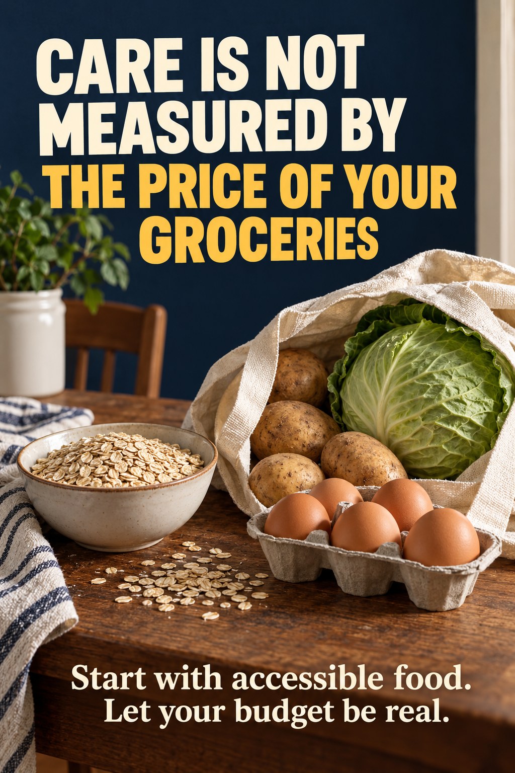 Ordinary oats, cabbage, potatoes, and eggs on a kitchen table beneath a message that care is not measured by grocery prices.