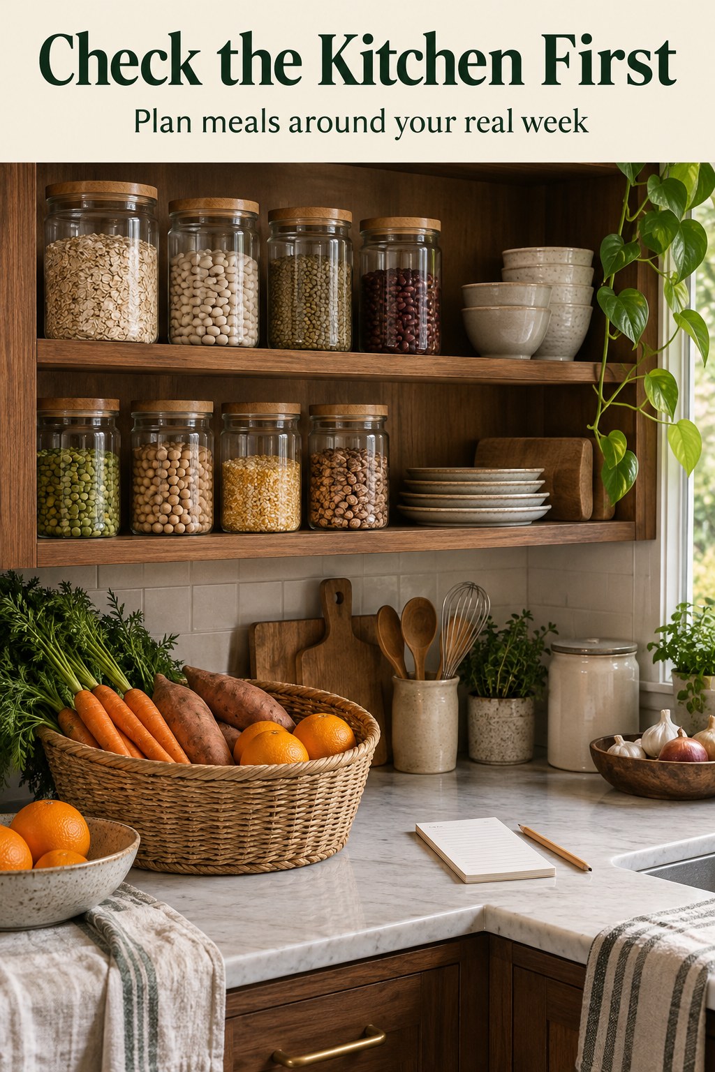 Photograph of a kitchen pantry with beans, oats, and vegetables beside a blank shopping pad.