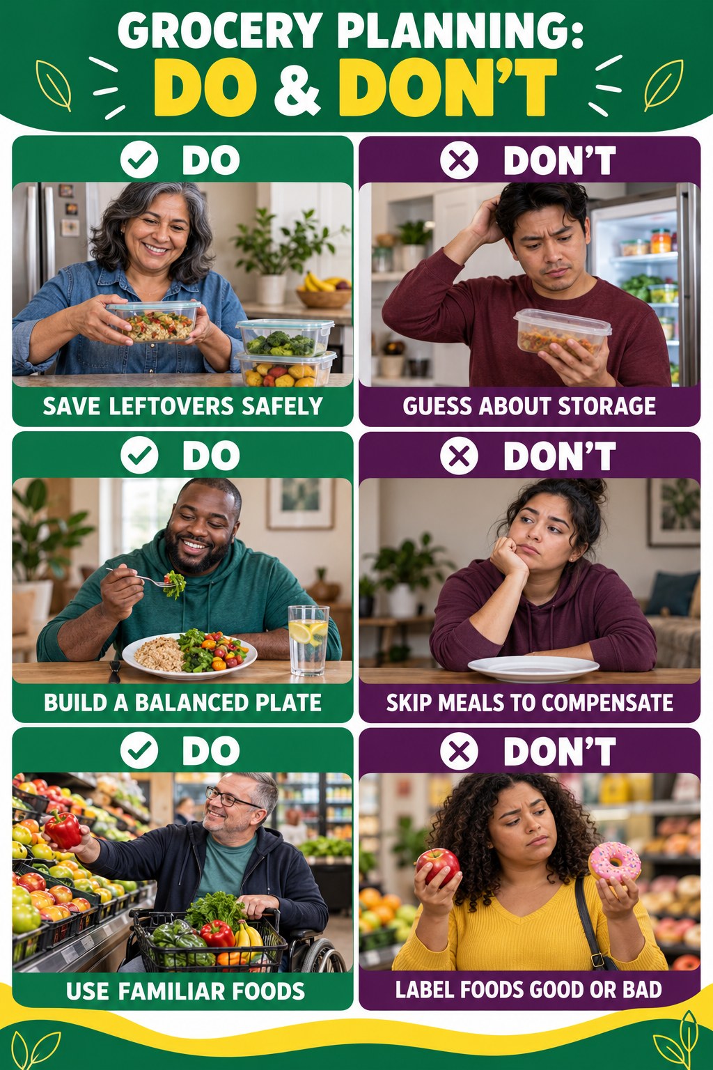 Healthy Dessert Recipes Do and Don’t comparison graphic showing three practical behavior pairs for grocery planning.