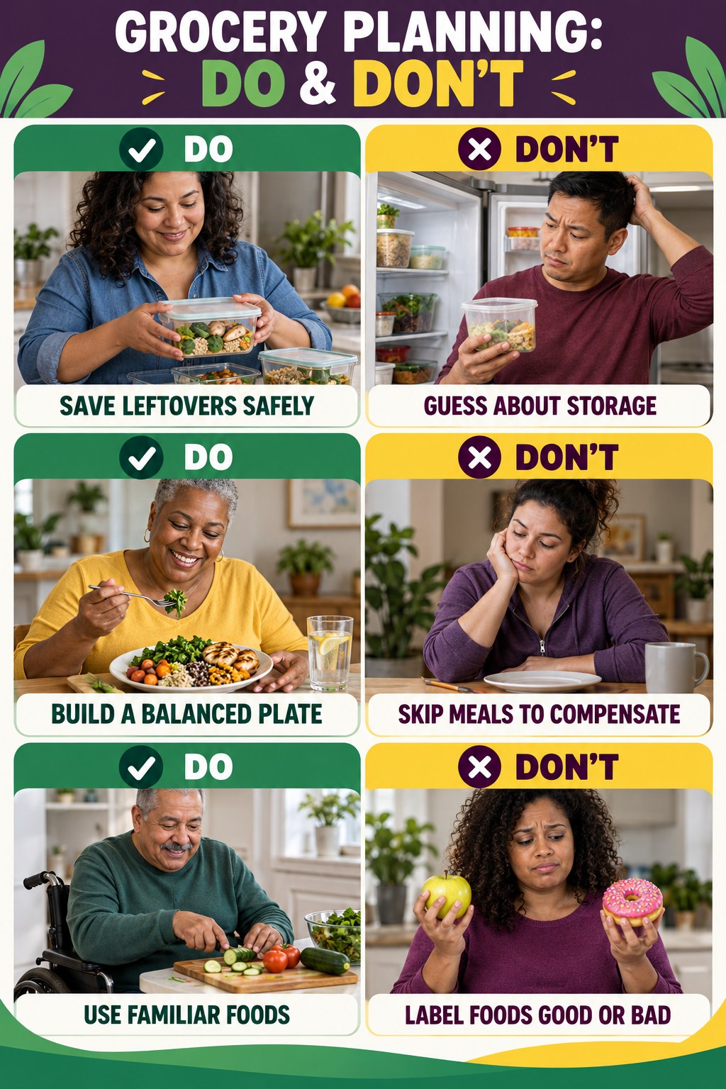Healthy Dinner Recipes Do and Don’t comparison graphic showing three practical behavior pairs for grocery planning.