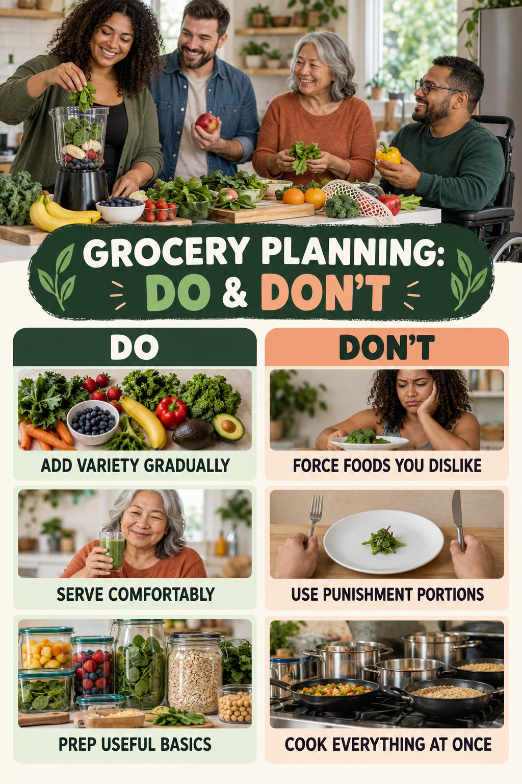 Healthy Smoothies Do and Don’t comparison graphic showing three practical behavior pairs for grocery planning.