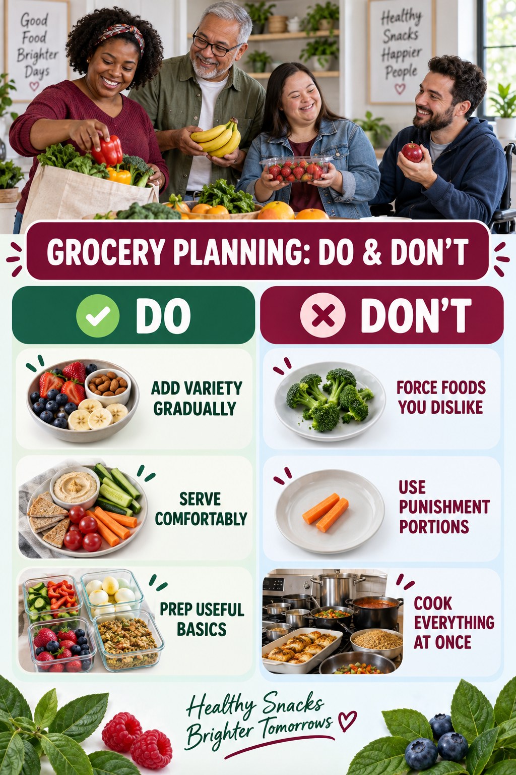 Healthy Snacks Do and Don’t comparison graphic showing three practical behavior pairs for grocery planning.