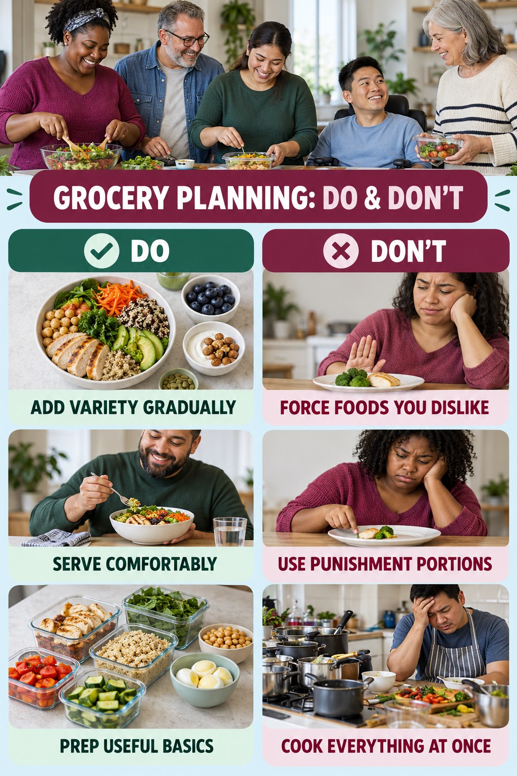 High Protein Lunch Do and Don’t comparison graphic showing three practical behavior pairs for grocery planning.