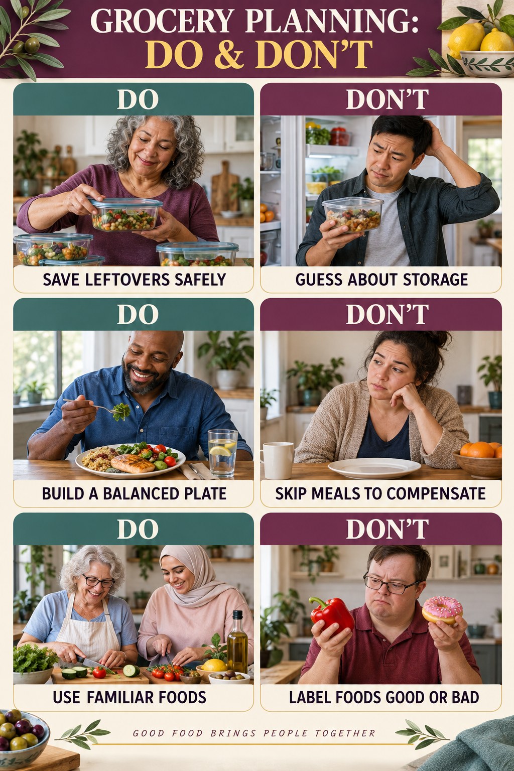 Mediterranean Diet Recipes Do and Don’t comparison graphic showing three practical behavior pairs for grocery planning.