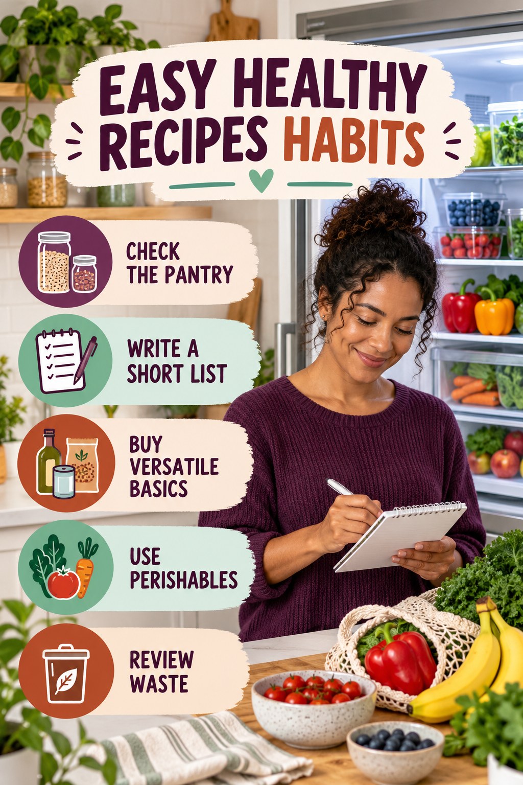 Grocery Planning Habits for Easy Healthy Recipes with five readable habit cues and a realistic board-relevant wellness scene.