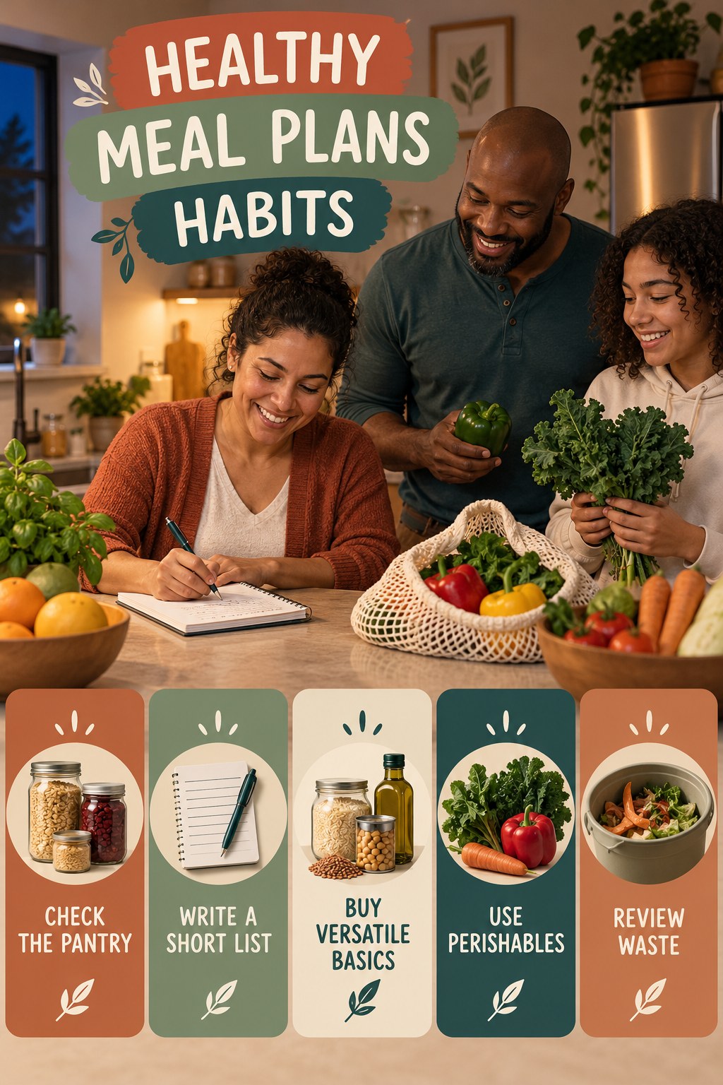 Grocery Planning Habits for Healthy Meal Plans with five readable habit cues and a realistic board-relevant wellness scene.