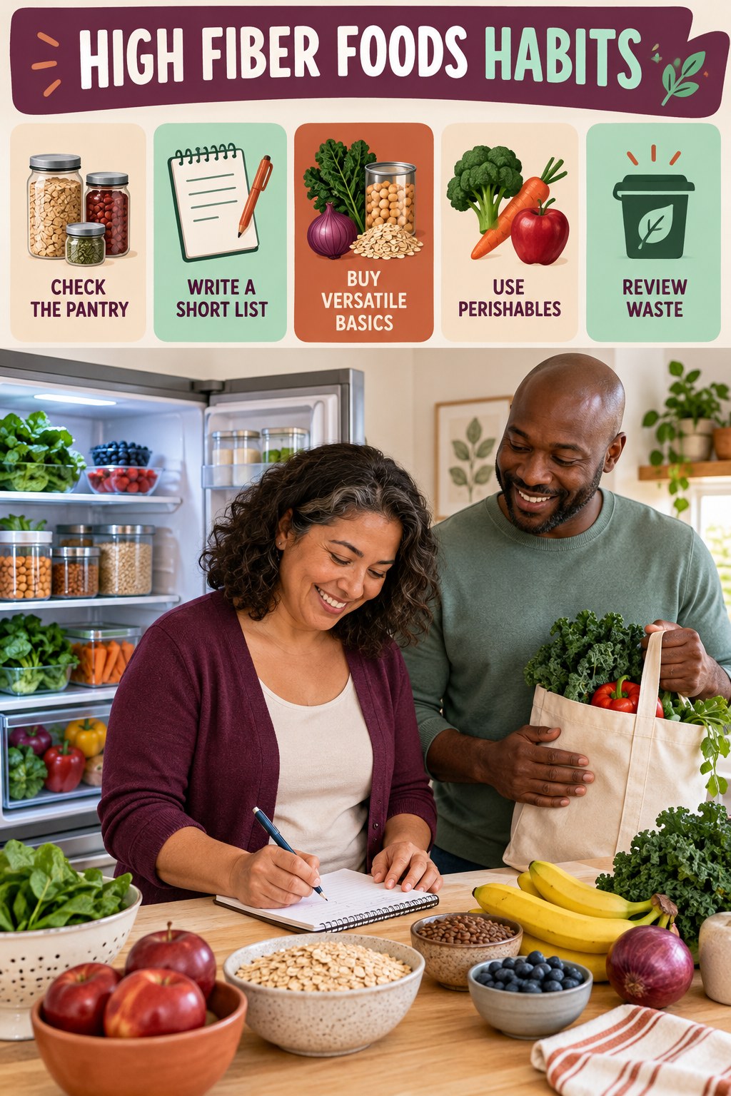 Grocery Planning Habits for High Fiber Foods with five readable habit cues and a realistic board-relevant wellness scene.