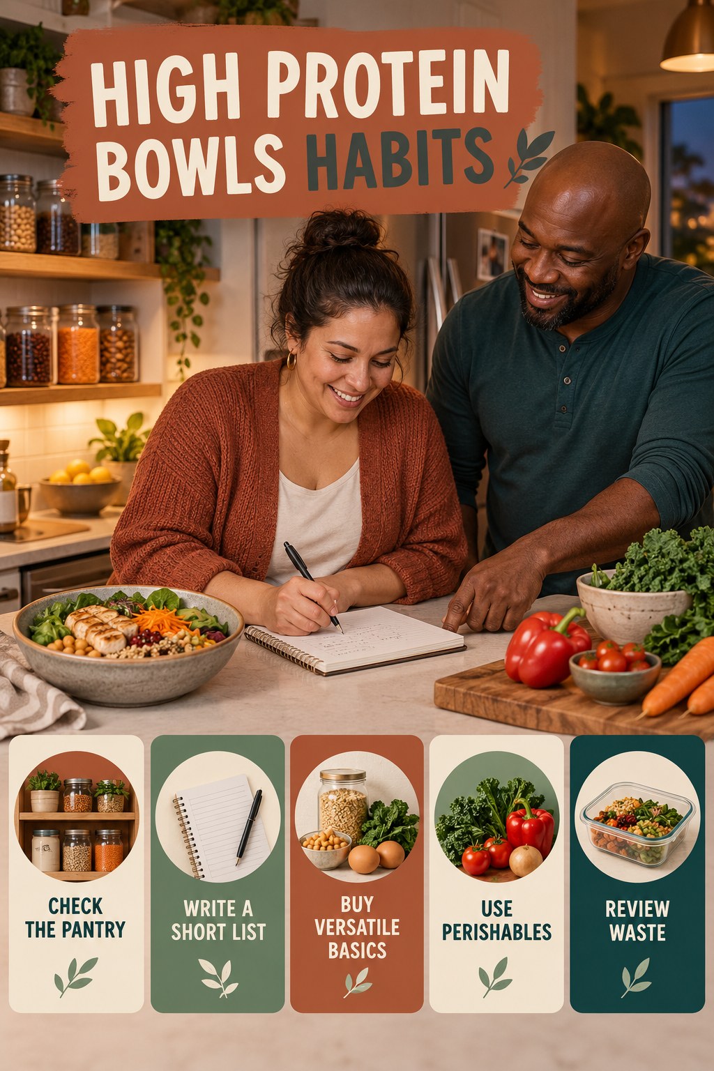 Grocery Planning Habits for High Protein Bowls with five readable habit cues and a realistic board-relevant wellness scene.