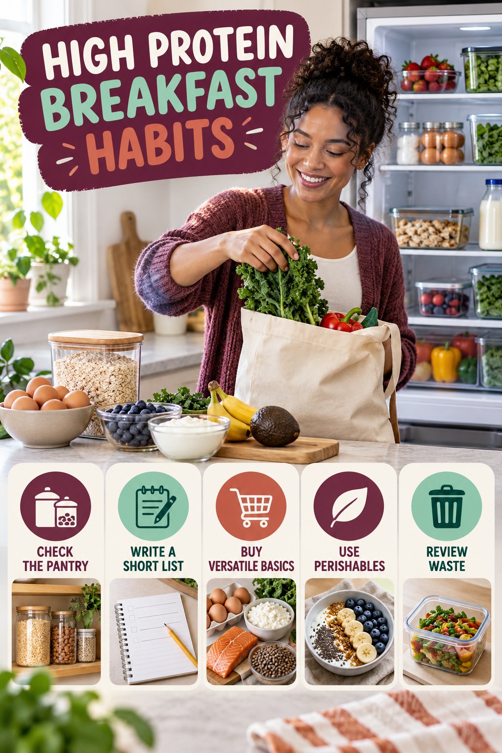 Grocery Planning Habits for High Protein Breakfast with five readable habit cues and a realistic board-relevant wellness scene.