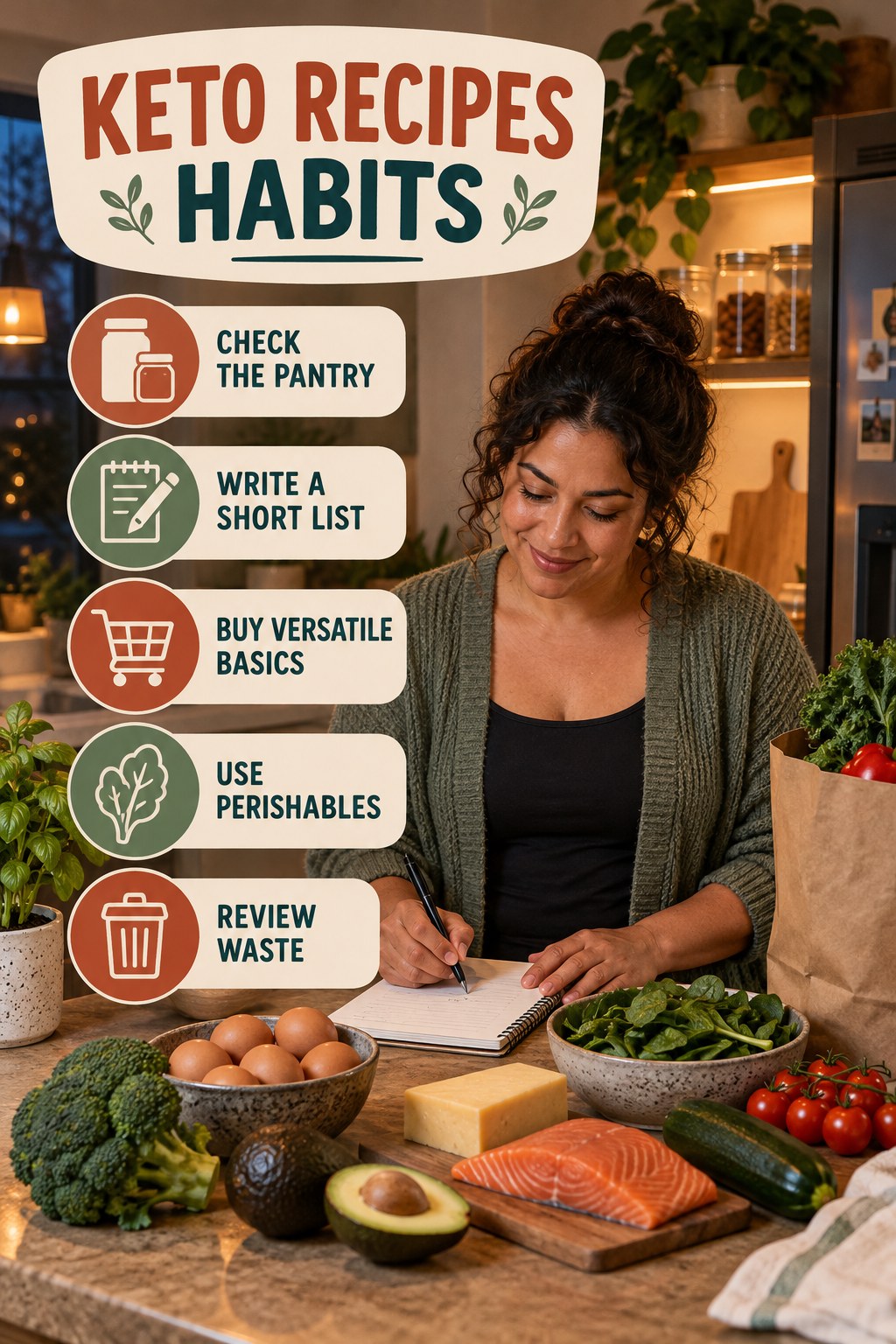 Grocery Planning Habits for Keto Recipes with five readable habit cues and a realistic board-relevant wellness scene.
