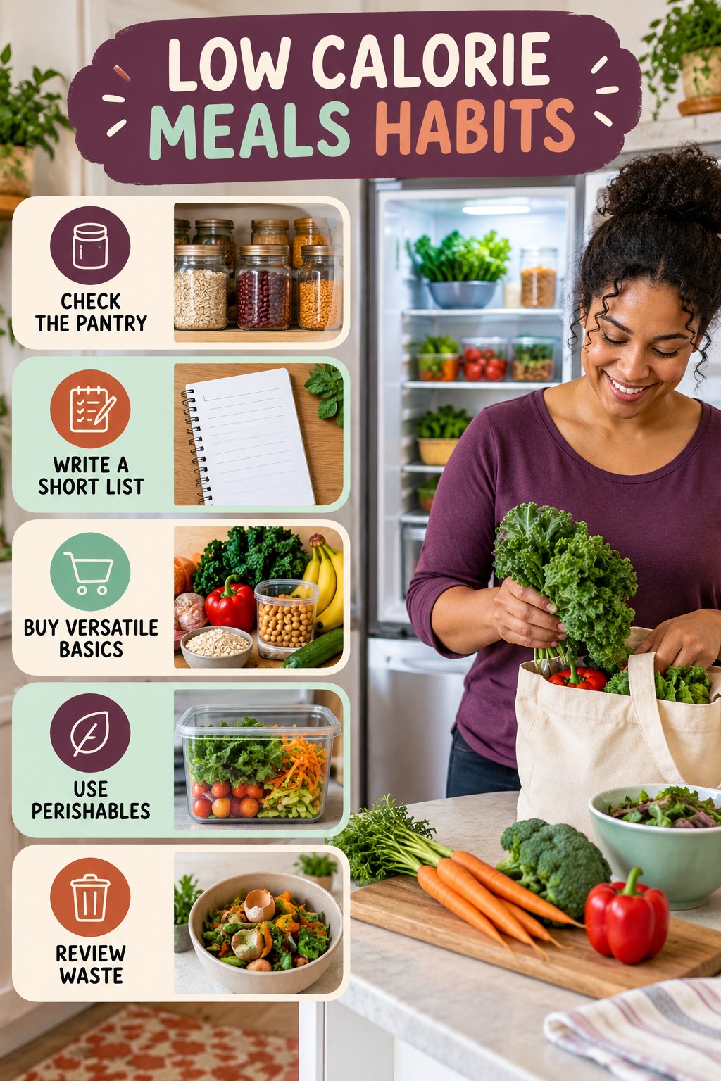 Grocery Planning Habits for Low Calorie Meals with five readable habit cues and a realistic board-relevant wellness scene.