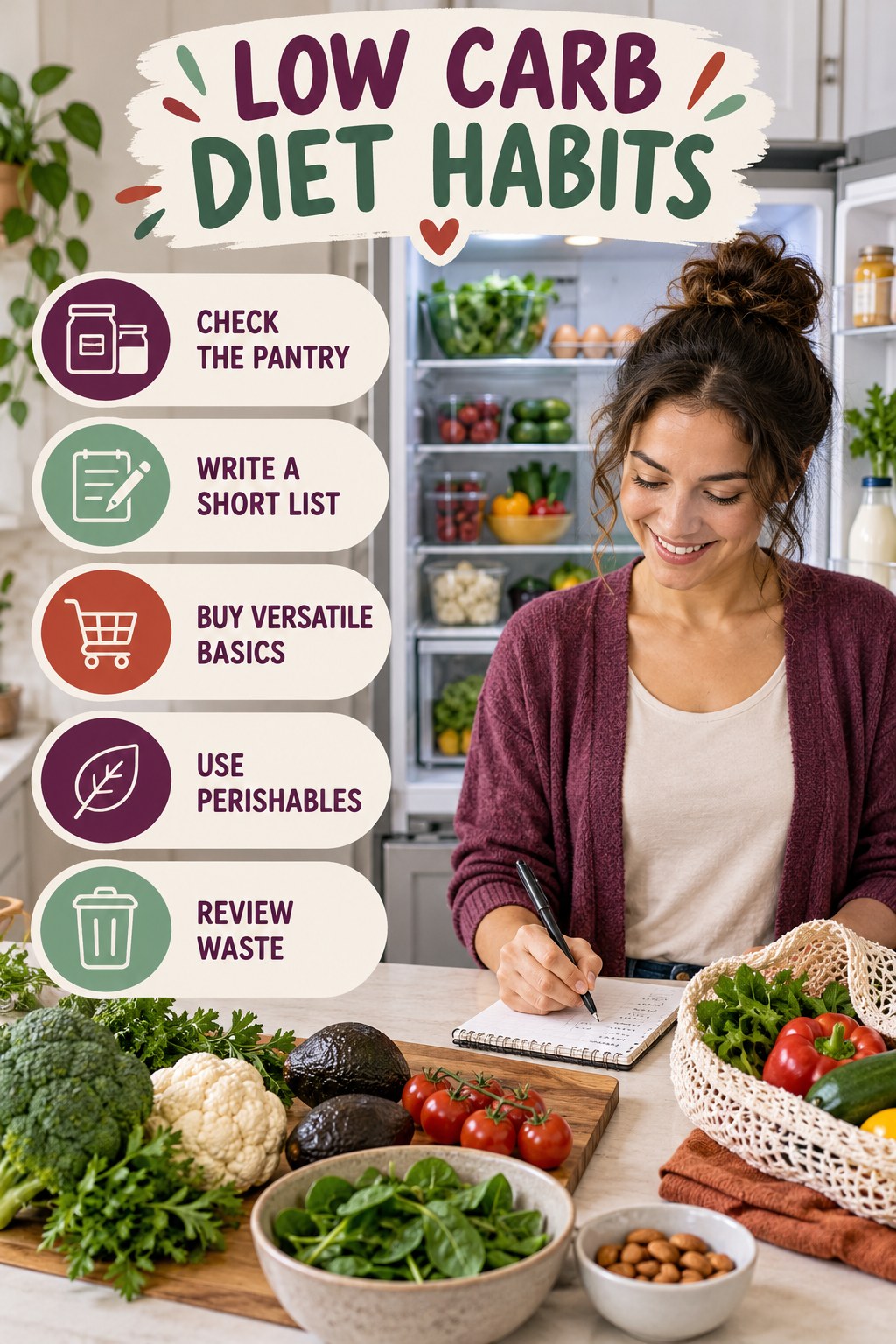 Grocery Planning Habits for Low Carb Diet with five readable habit cues and a realistic board-relevant wellness scene.