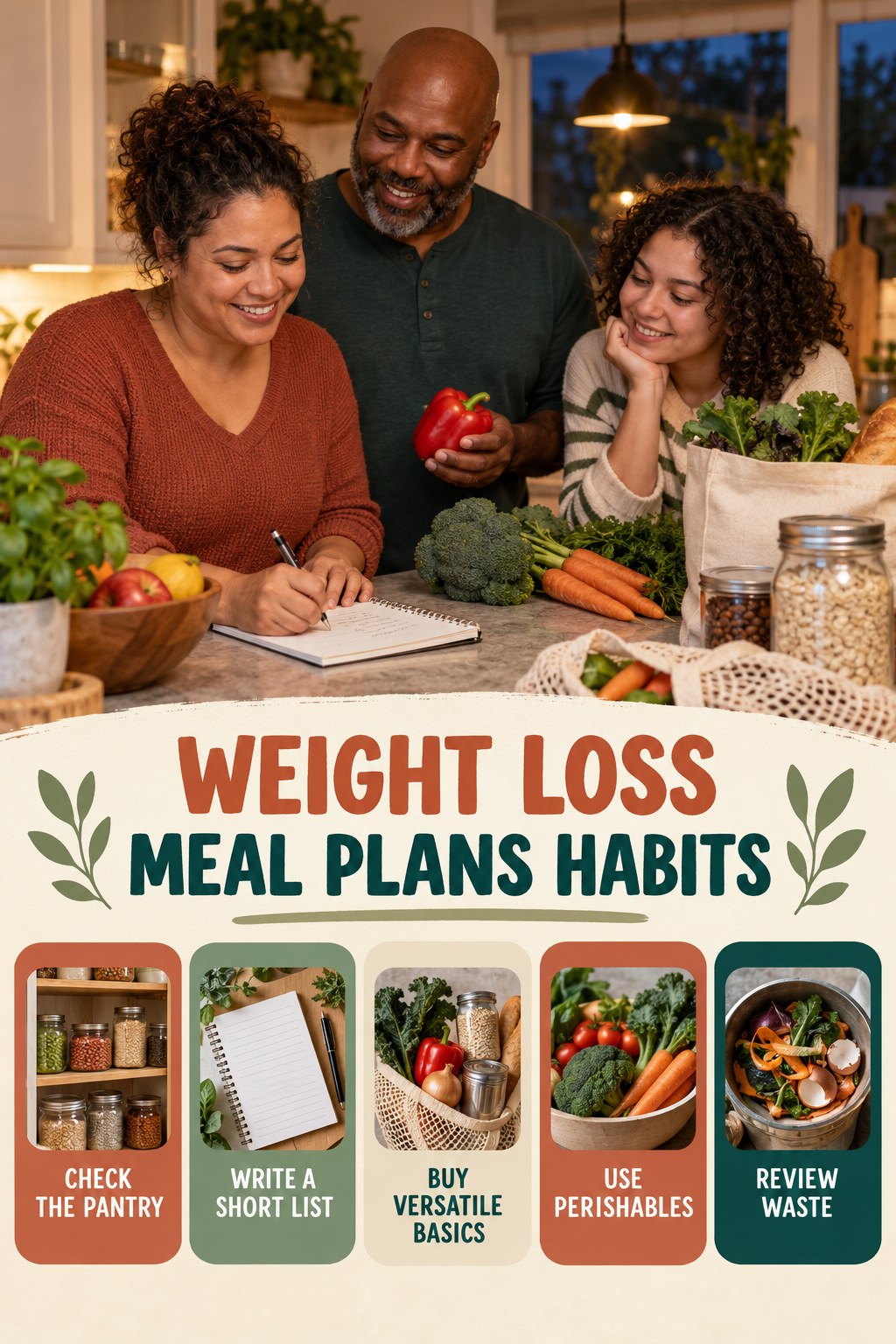 Grocery Planning Habits for Weight Loss Meal Plans with five readable habit cues and a realistic board-relevant wellness scene.
