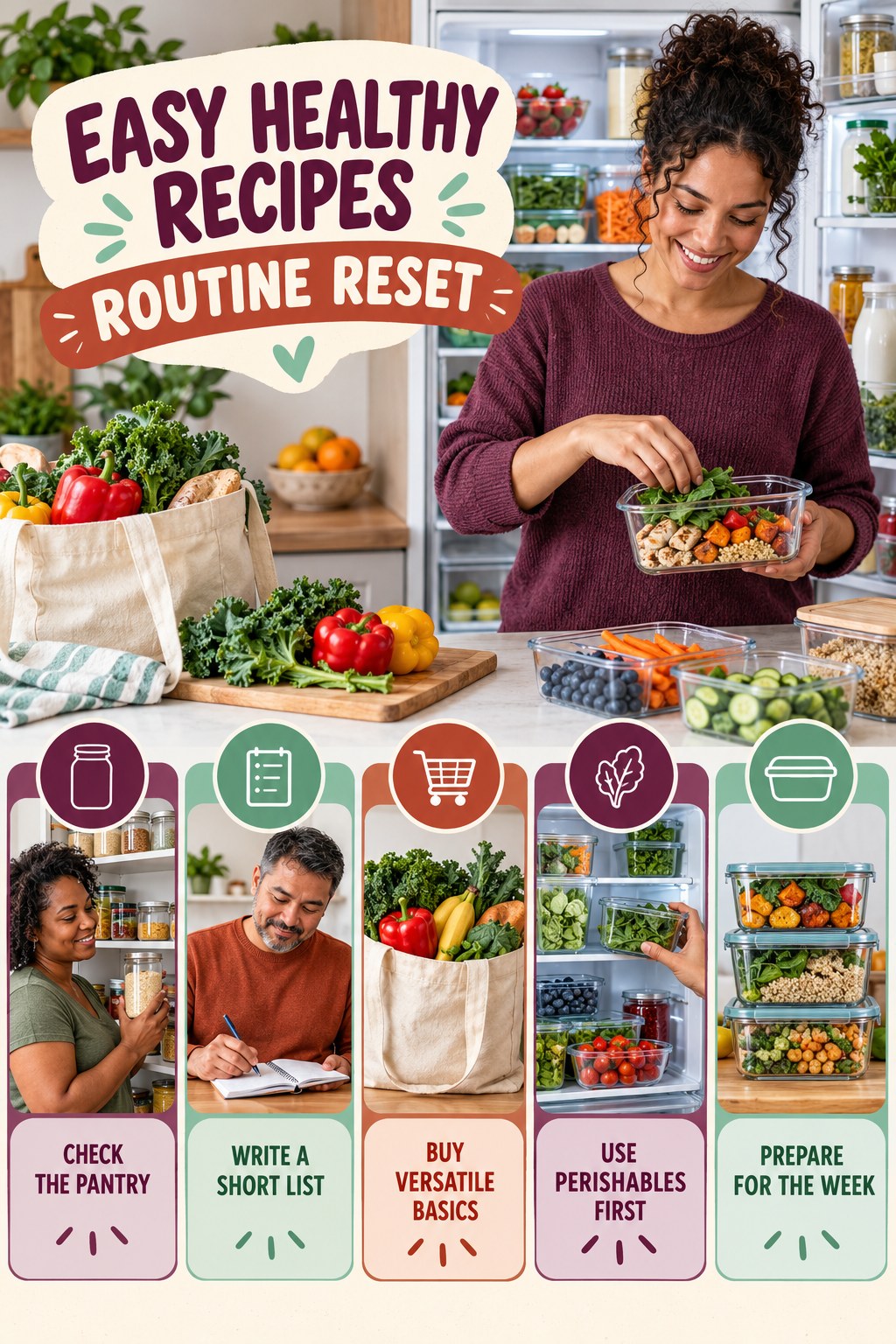 Grocery Planning Reset for Easy Healthy Recipes with five readable routine-reset cues and a realistic board-relevant wellness scene.