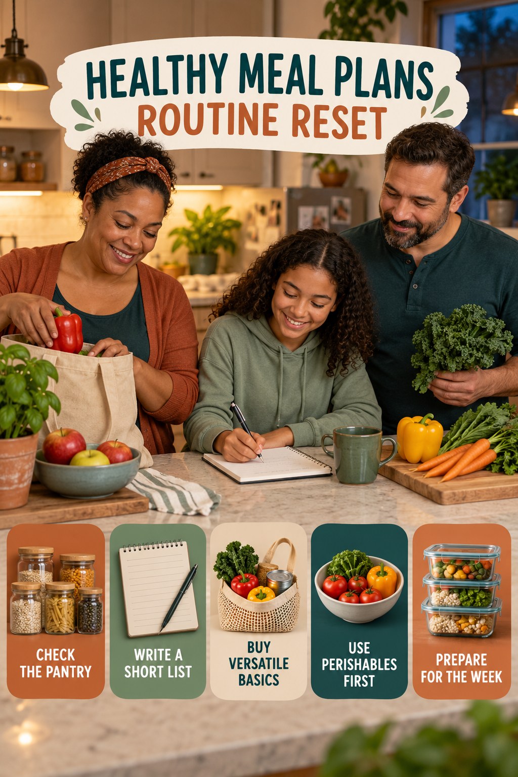 Grocery Planning Reset for Healthy Meal Plans with five readable routine-reset cues and a realistic board-relevant wellness scene.