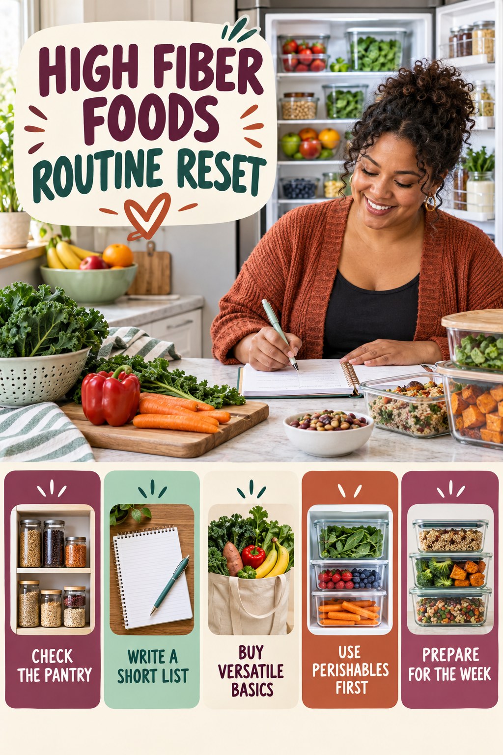 Grocery Planning Reset for High Fiber Foods with five readable routine-reset cues and a realistic board-relevant wellness scene.