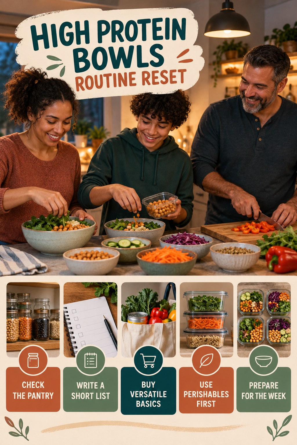 Grocery Planning Reset for High Protein Bowls with five readable routine-reset cues and a realistic board-relevant wellness scene.