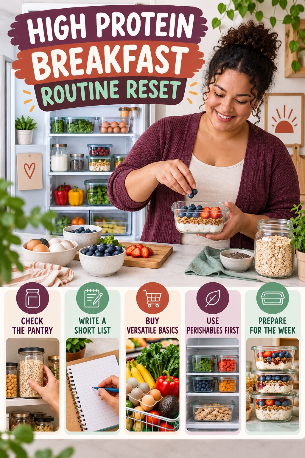 Grocery Planning Reset for High Protein Breakfast with five readable routine-reset cues and a realistic board-relevant wellness scene.