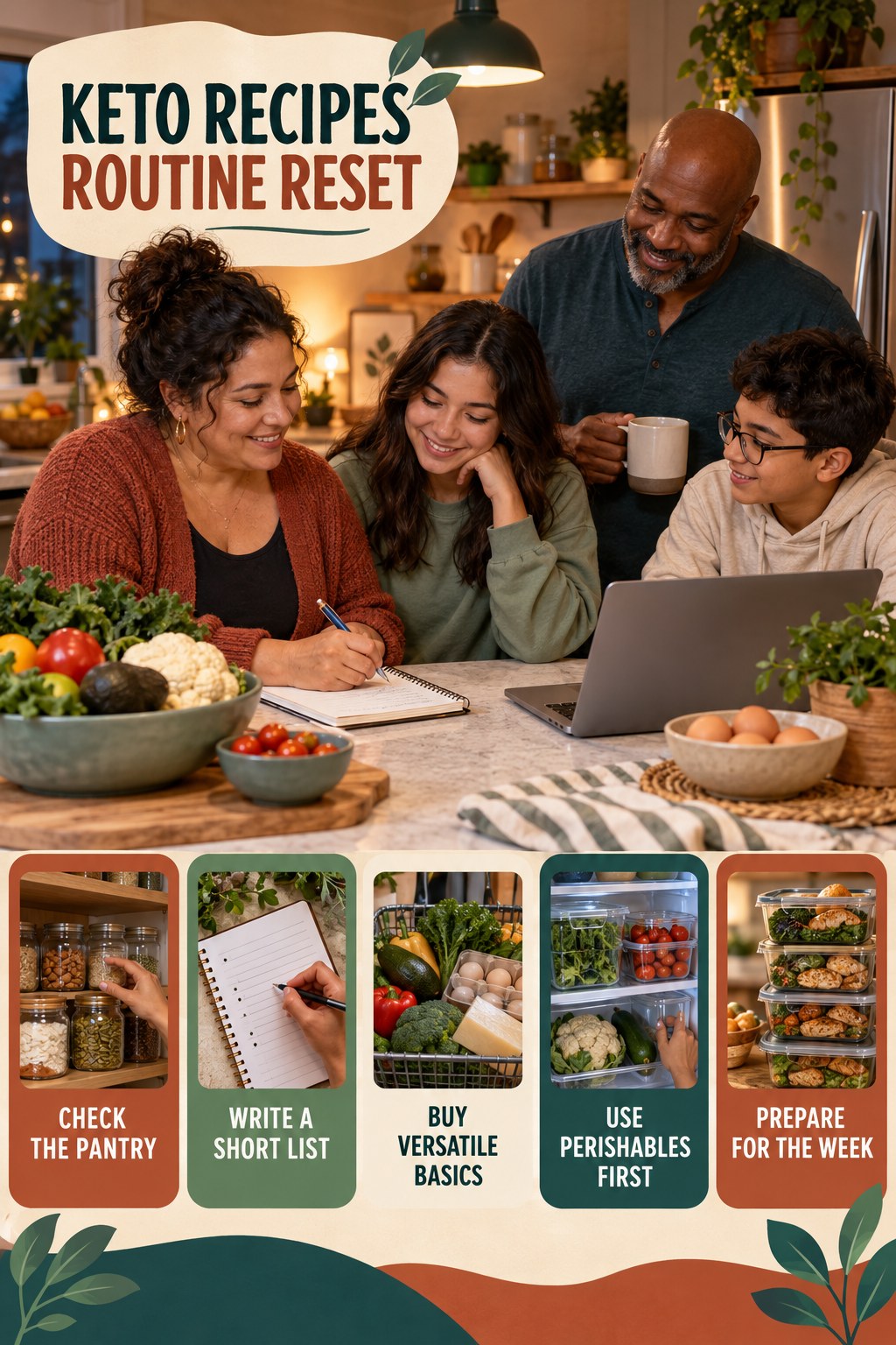 Grocery Planning Reset for Keto Recipes with five readable routine-reset cues and a realistic board-relevant wellness scene.