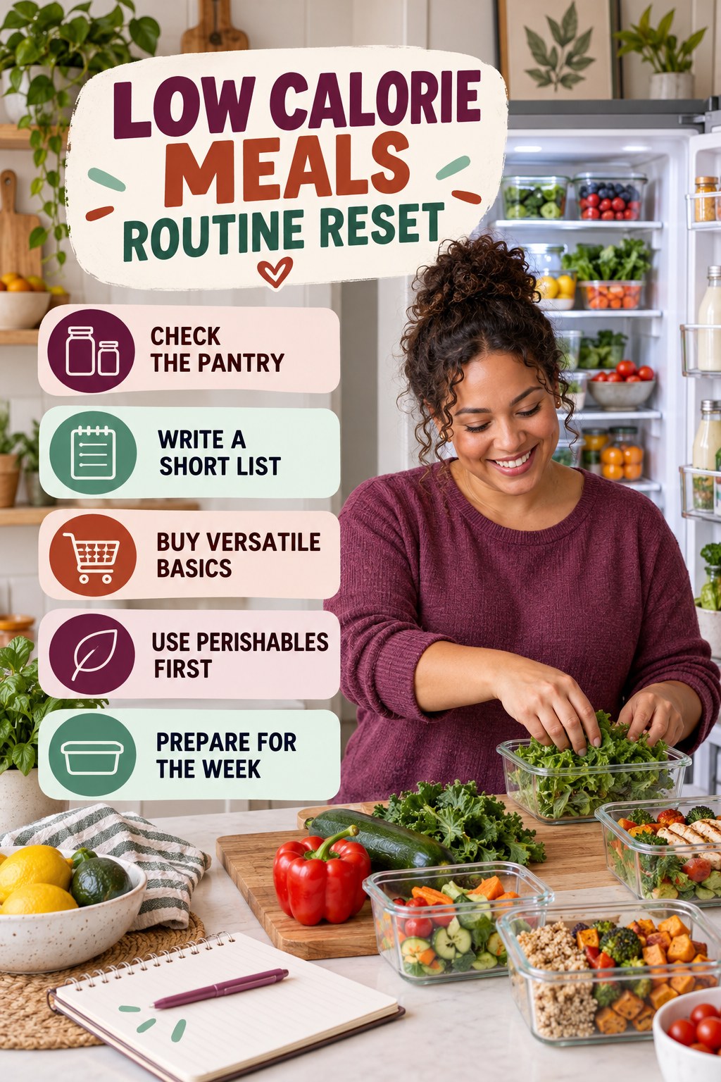 Grocery Planning Reset for Low Calorie Meals with five readable routine-reset cues and a realistic board-relevant wellness scene.