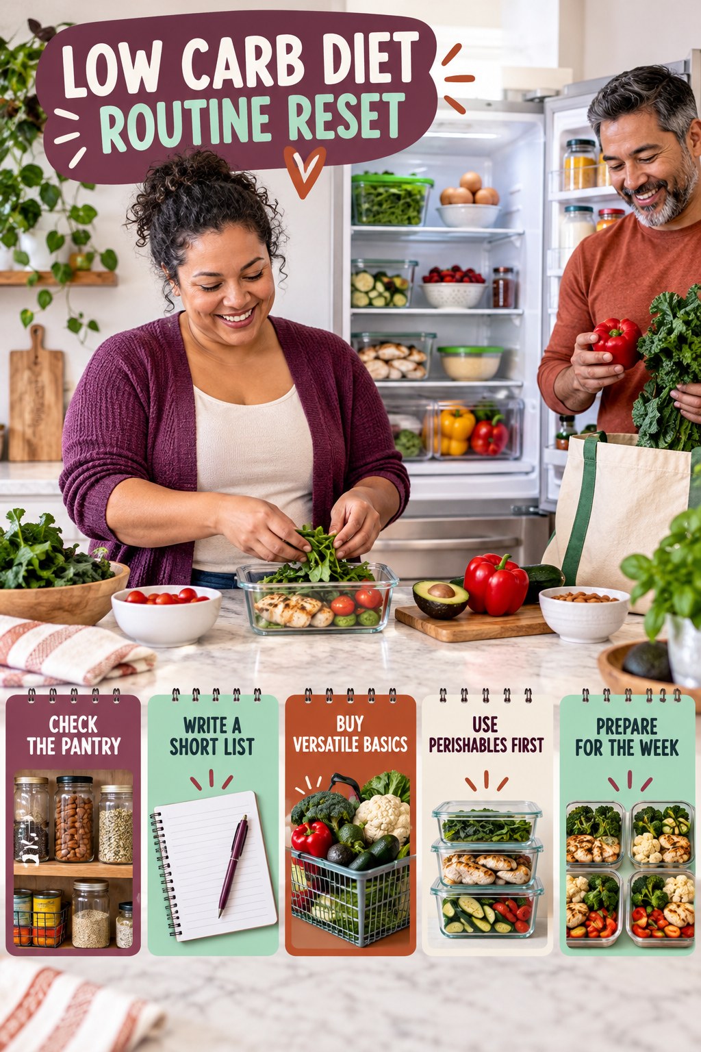 Grocery Planning Reset for Low Carb Diet with five readable routine-reset cues and a realistic board-relevant wellness scene.
