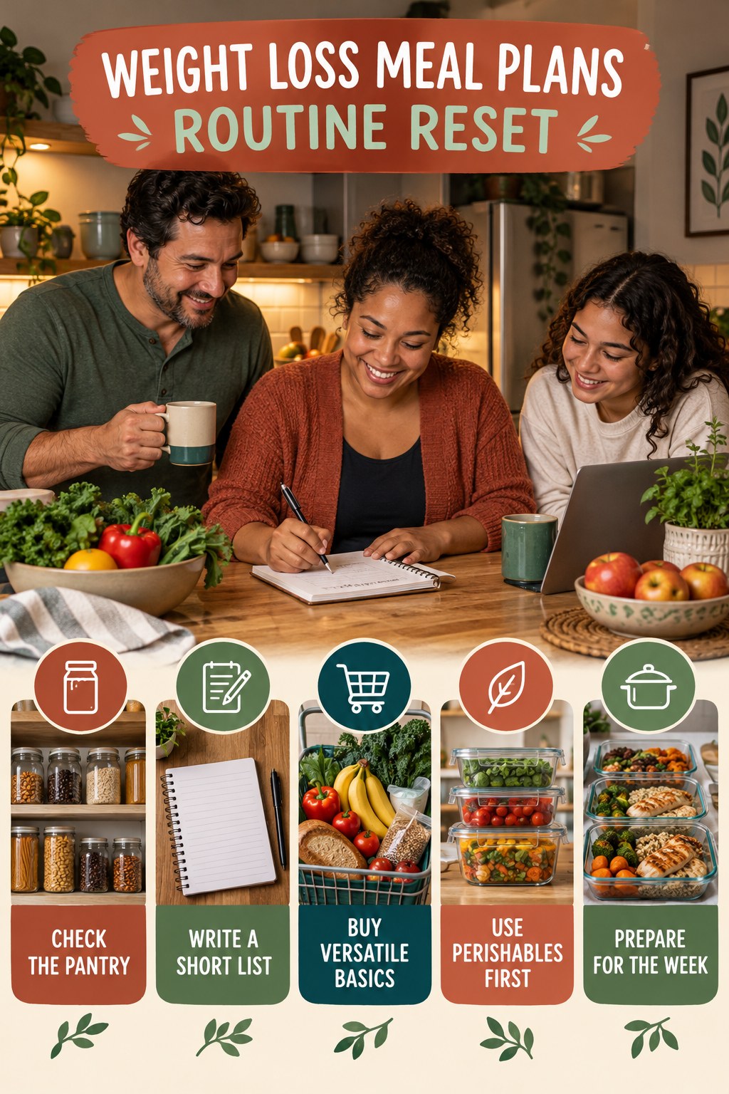 Grocery Planning Reset for Weight Loss Meal Plans with five readable routine-reset cues and a realistic board-relevant wellness scene.