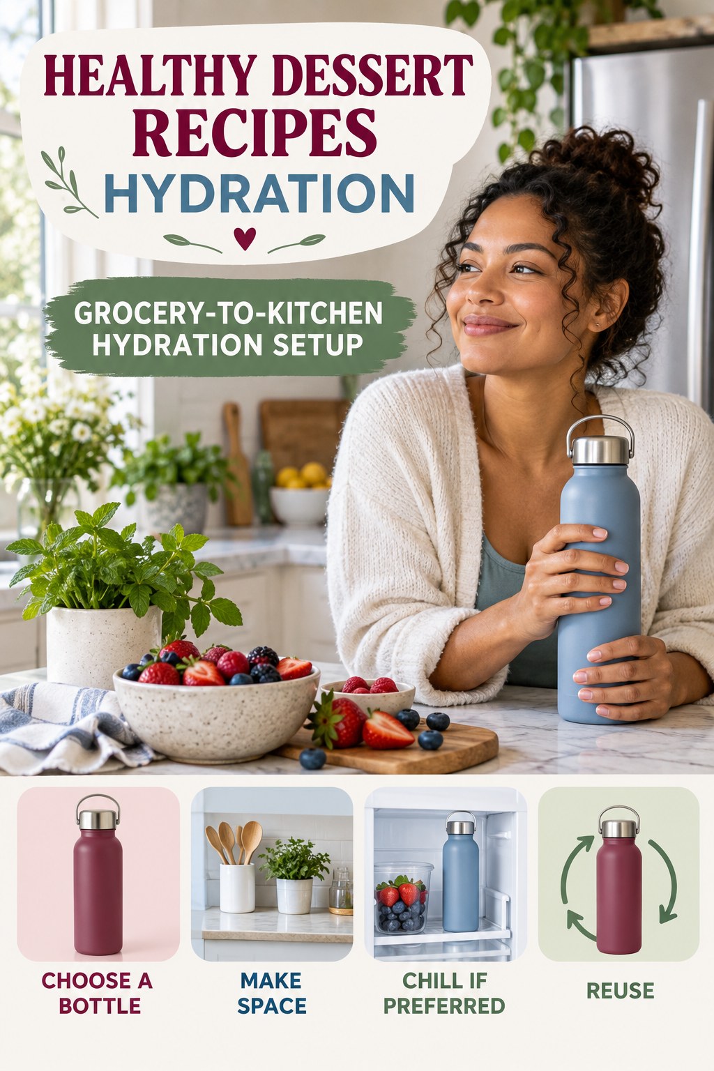 Healthy Dessert Recipes hydration graphic titled Grocery-to-Kitchen Hydration Setup with four flexible water-habit prompts and no fixed intake target.