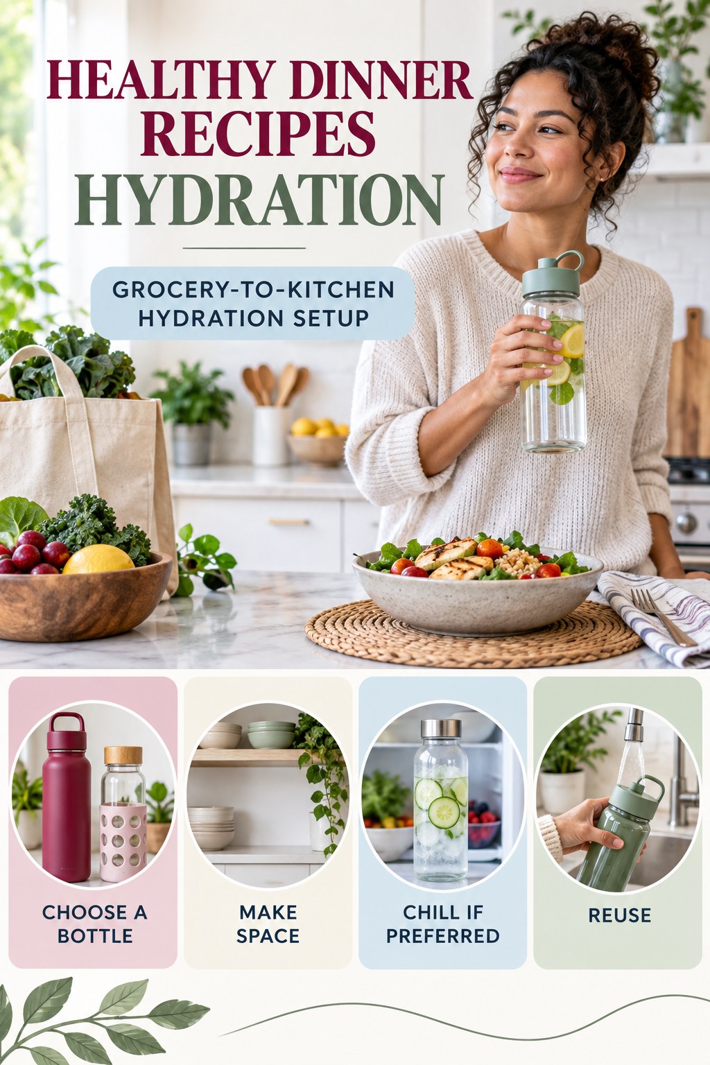 Healthy Dinner Recipes hydration graphic titled Grocery-to-Kitchen Hydration Setup with four flexible water-habit prompts and no fixed intake target.