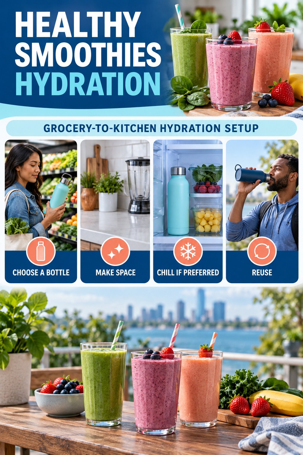 Healthy Smoothies hydration graphic titled Grocery-to-Kitchen Hydration Setup with four flexible water-habit prompts and no fixed intake target.