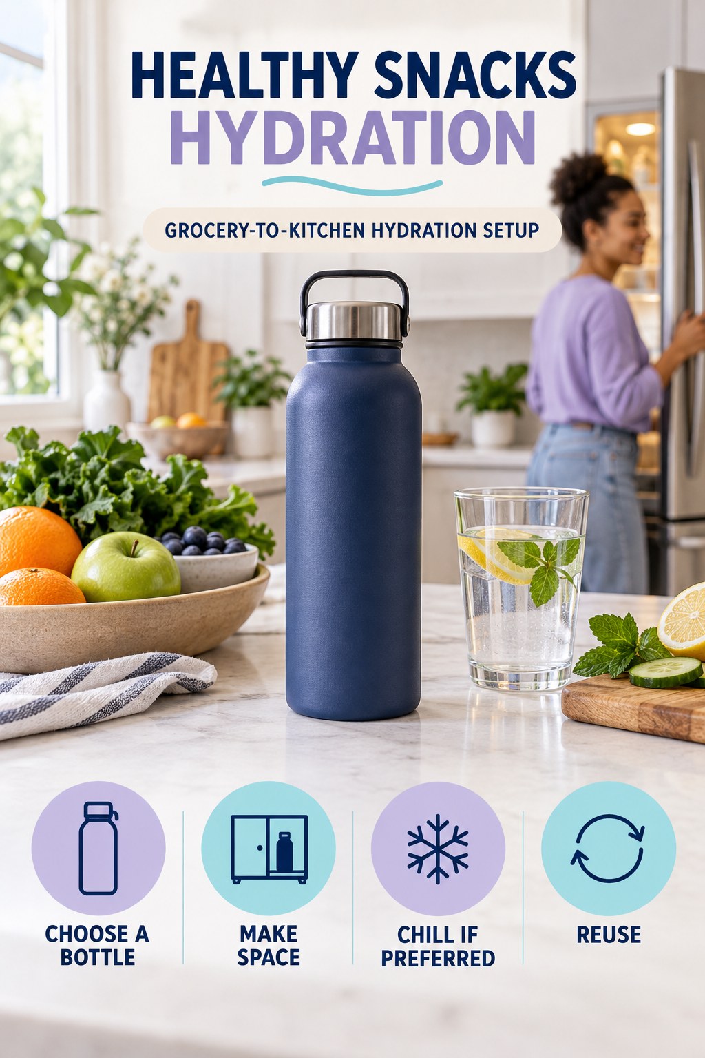 Healthy Snacks hydration graphic titled Grocery-to-Kitchen Hydration Setup with four flexible water-habit prompts and no fixed intake target.