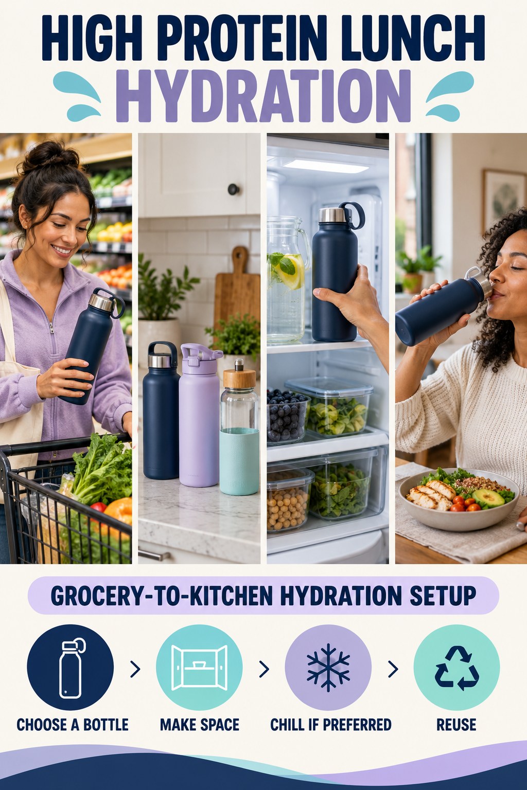 High Protein Lunch hydration graphic titled Grocery-to-Kitchen Hydration Setup with four flexible water-habit prompts and no fixed intake target.