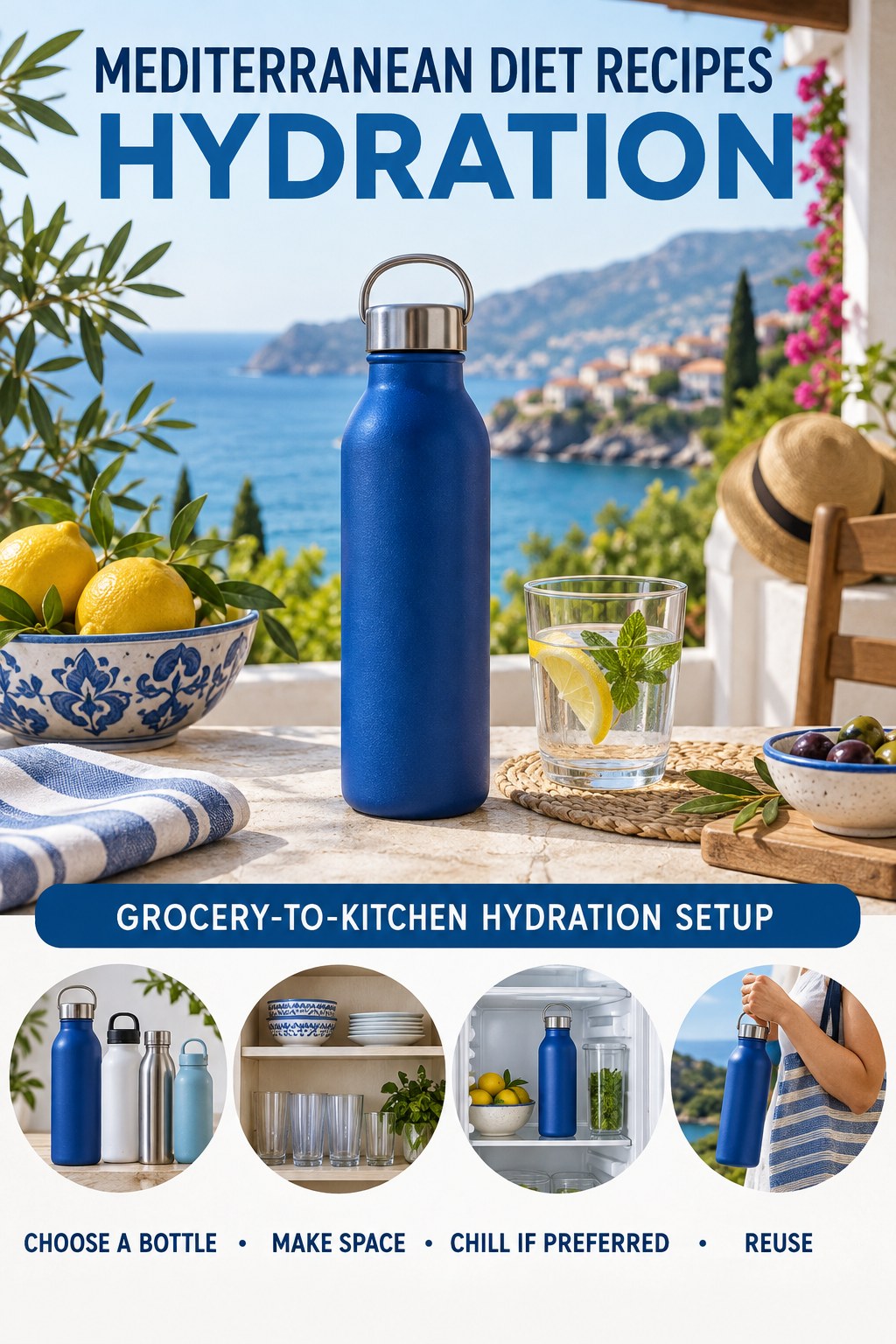 Mediterranean Diet Recipes hydration graphic titled Grocery-to-Kitchen Hydration Setup with four flexible water-habit prompts and no fixed intake target.