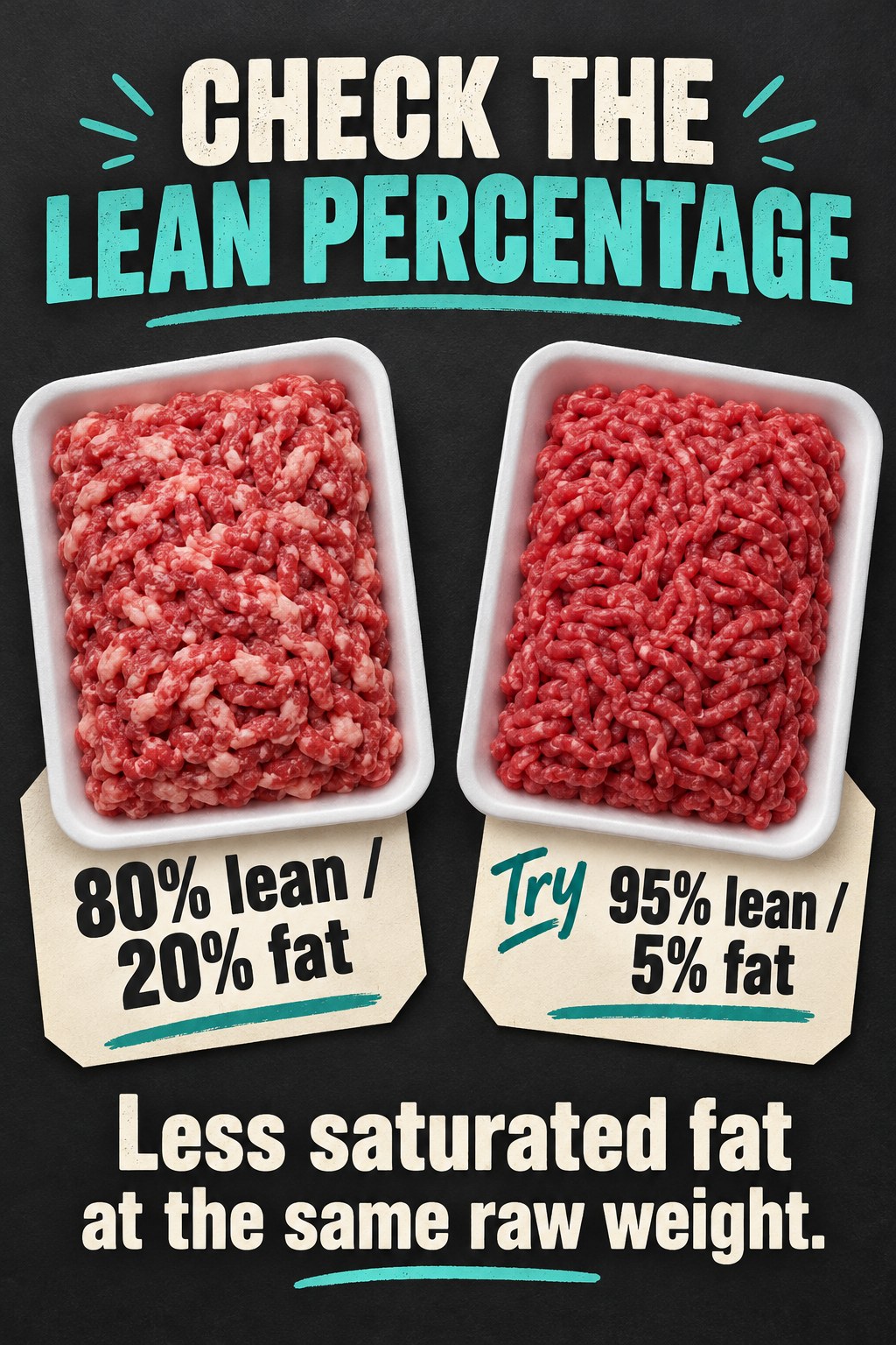 Charcoal grocery graphic compares trays of 80% lean and 95% lean ground beef with a lower saturated fat message.