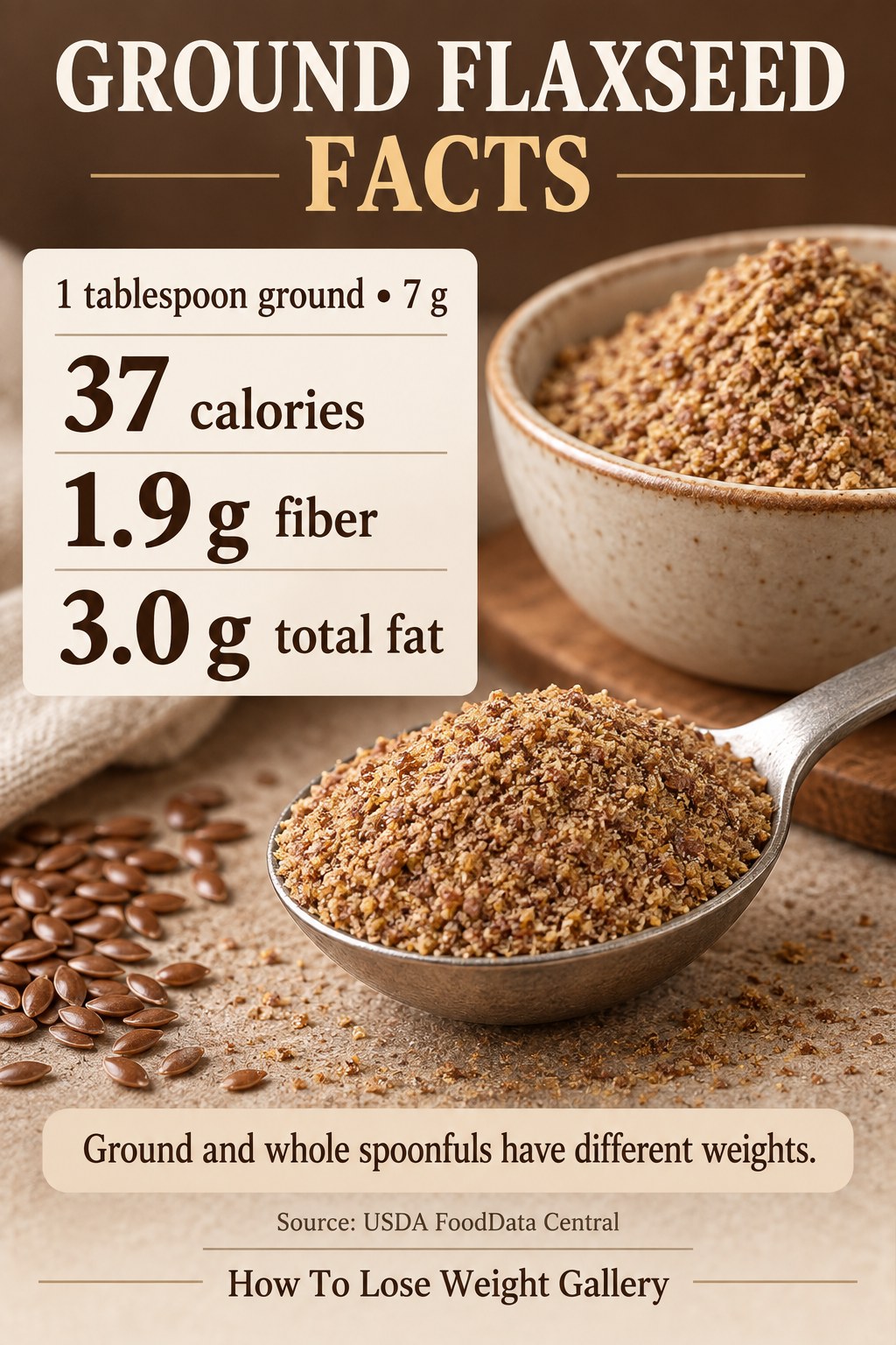 Ground flaxseed nutrition card showing 37 calories, 1.9 grams fiber, and 3.0 grams total fat per 7-gram tablespoon.