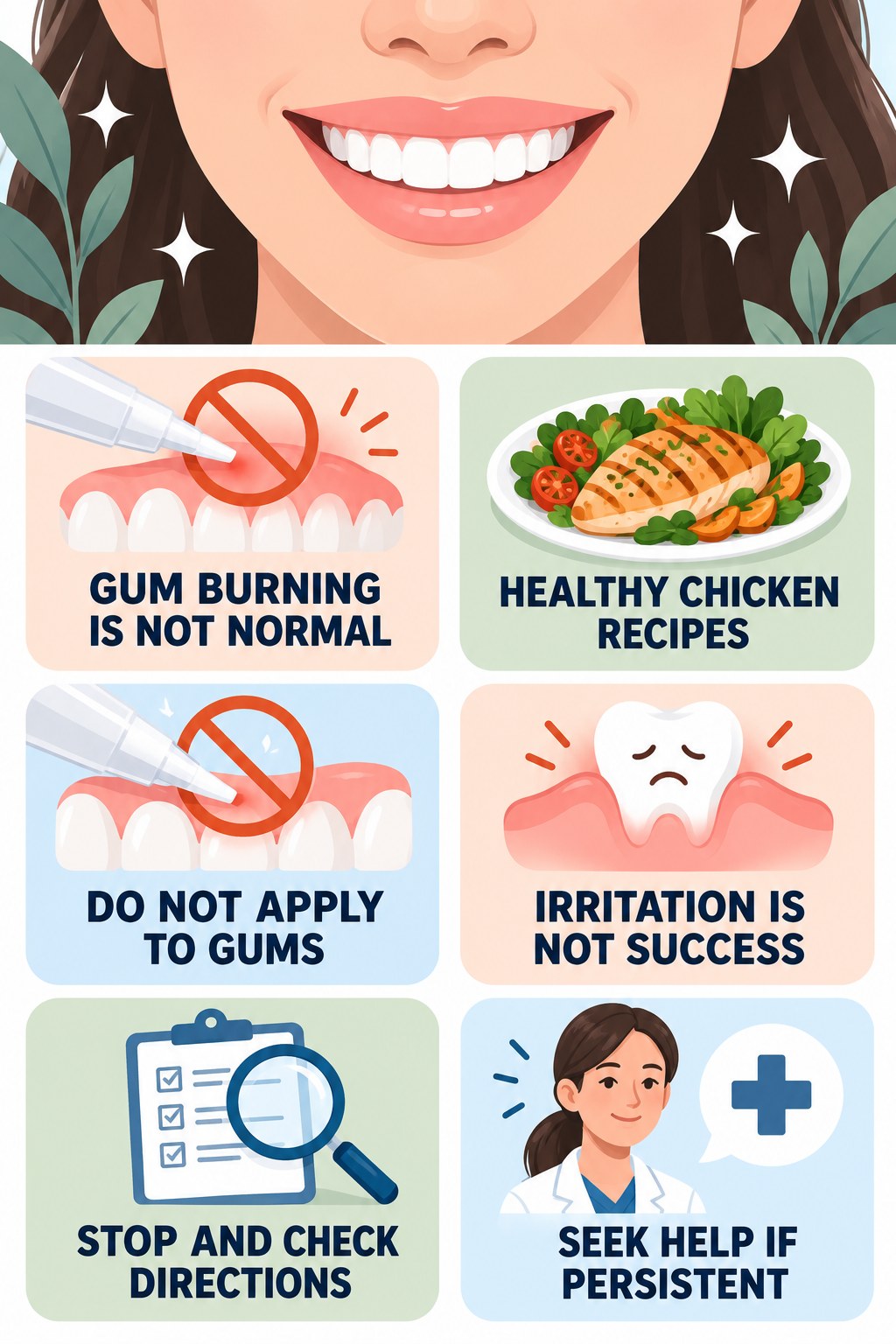 Gum-Irritation Warning Signs infographic for Healthy Chicken Recipes with four concise whitening-gel-pen safety points.