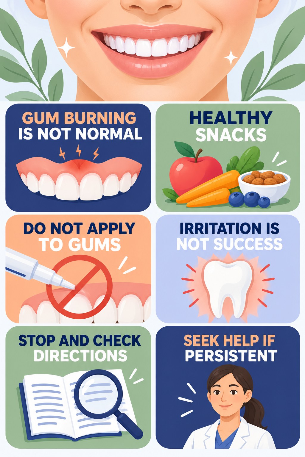 Gum-Irritation Warning Signs infographic for Healthy Snacks with four concise whitening-gel-pen safety points.