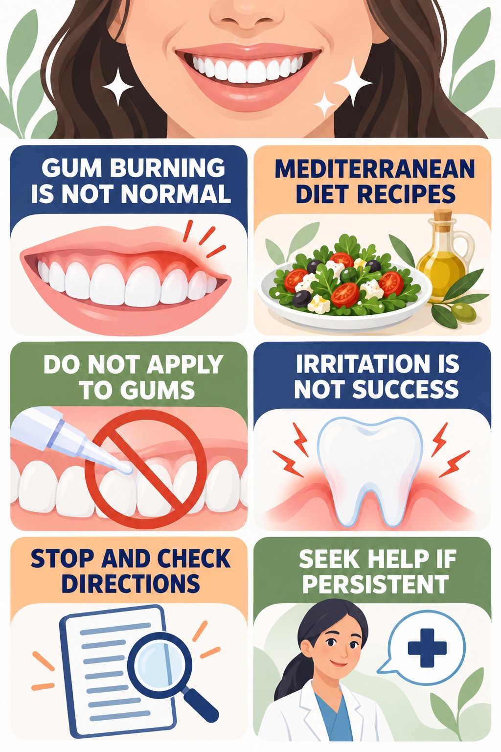 Gum-Irritation Warning Signs infographic for Mediterranean Diet Recipes with four concise whitening-gel-pen safety points.