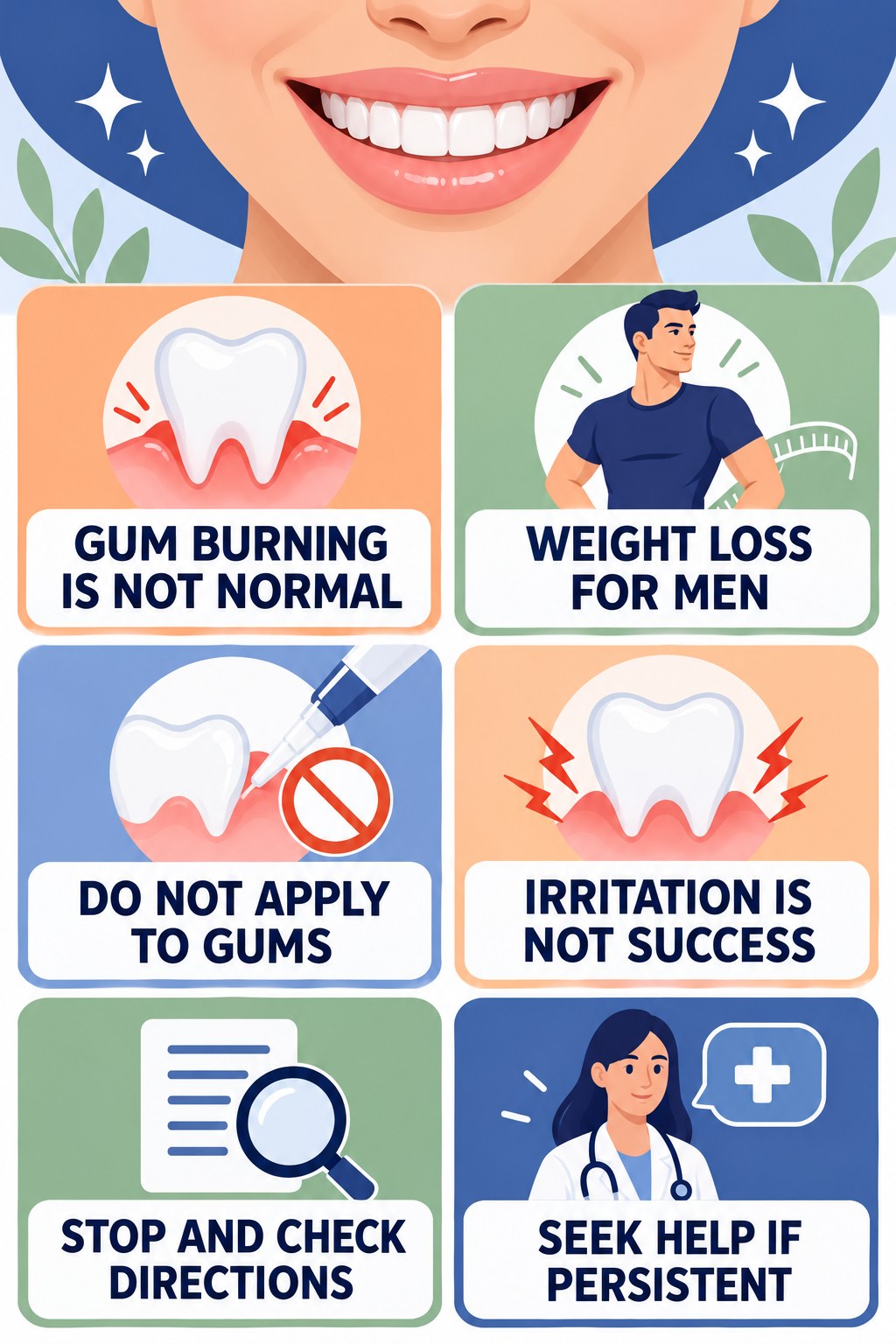 Gum-Irritation Warning Signs infographic for Weight Loss for Men with four concise whitening-gel-pen safety points.