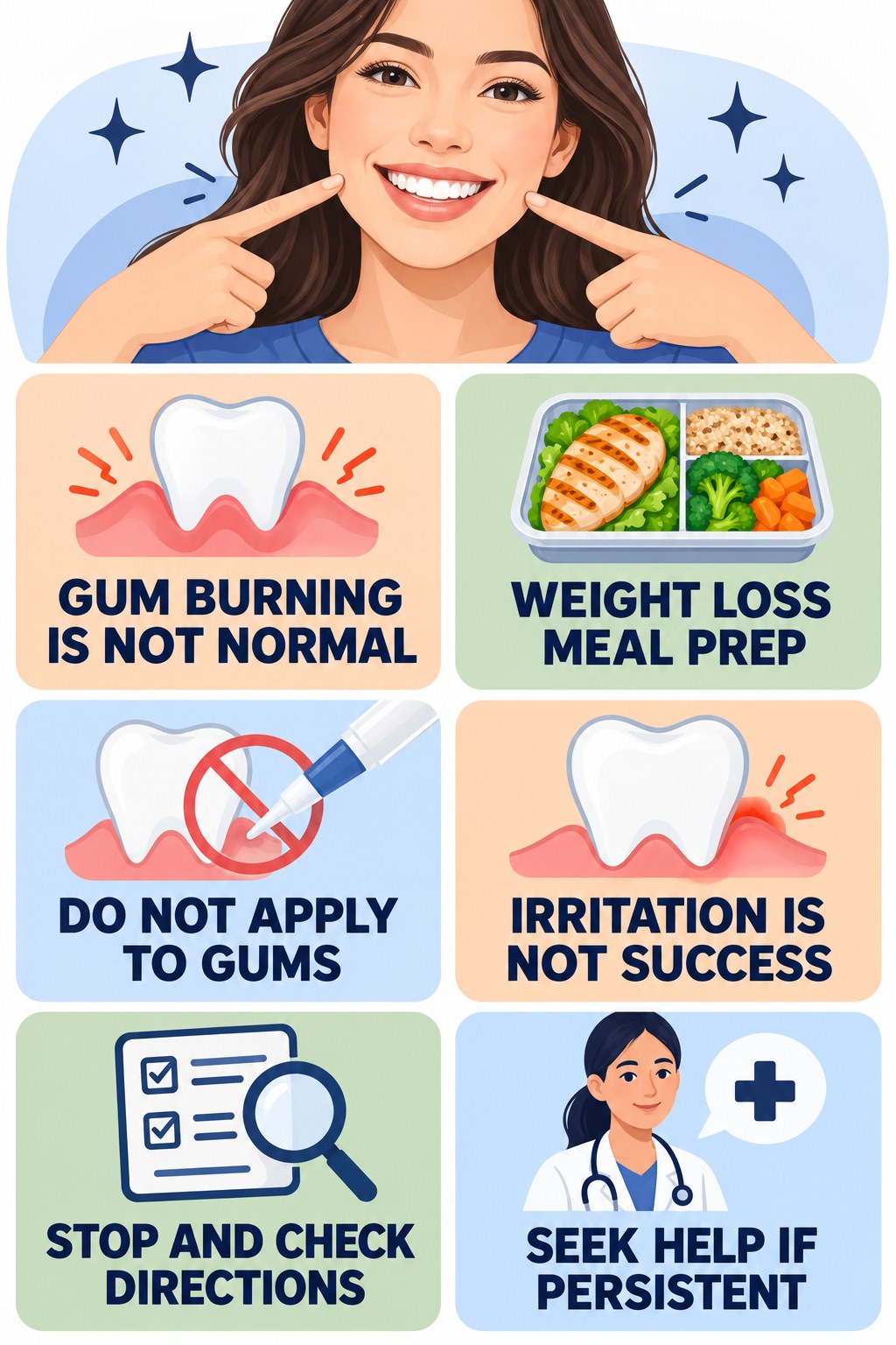 Gum-Irritation Warning Signs infographic for Weight Loss Meal Prep with four concise whitening-gel-pen safety points.