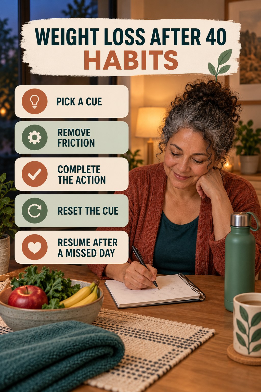 Habit-Building Basics for Weight Loss After 40 with five readable habit cues and a realistic board-relevant wellness scene.
