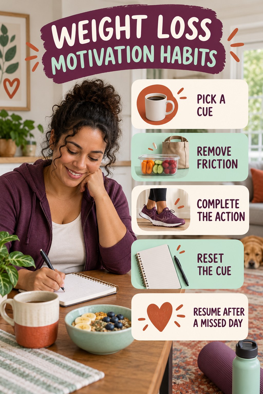 Habit-Building Basics for Weight Loss Motivation with five readable habit cues and a realistic board-relevant wellness scene.