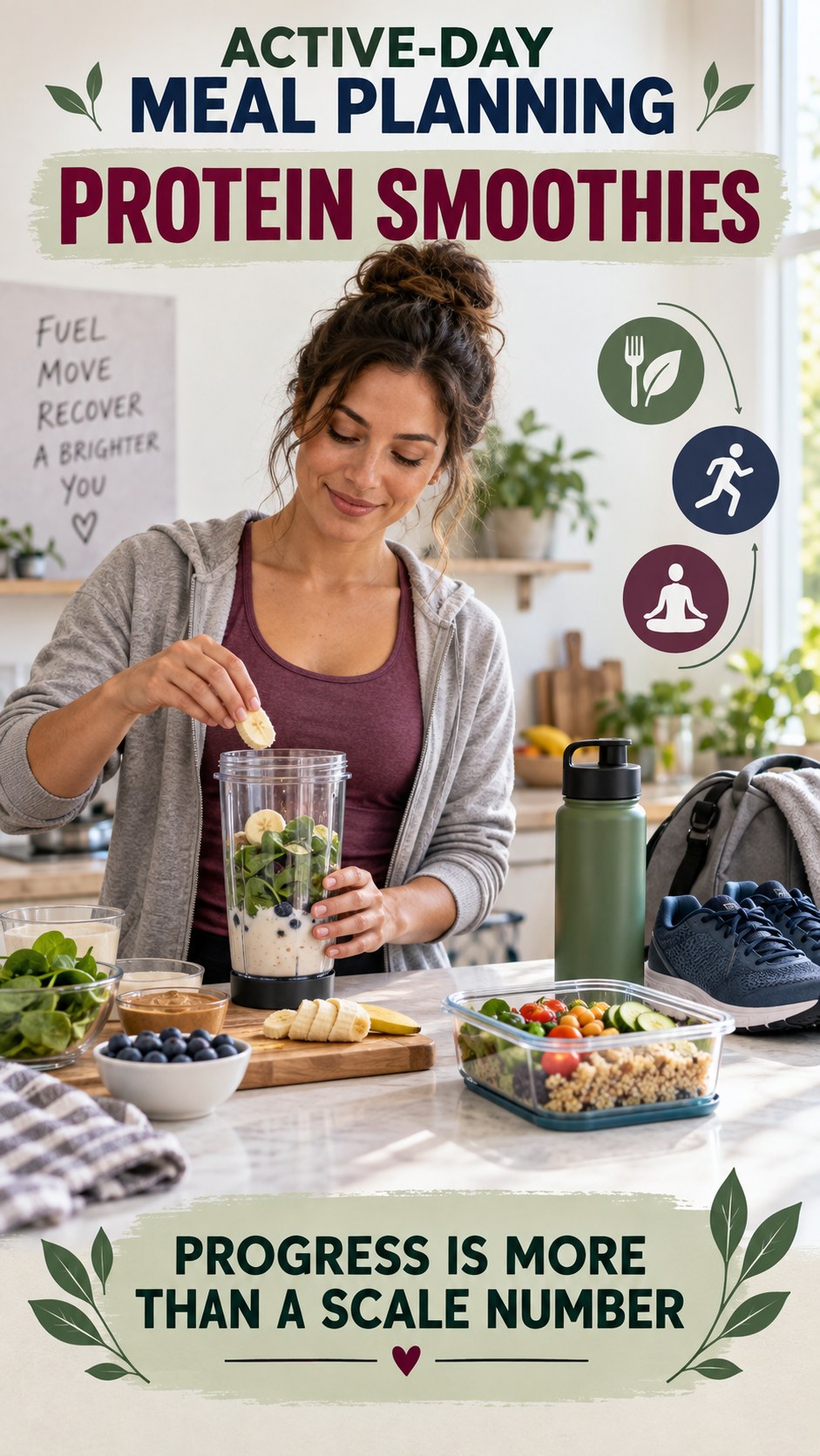 Active-Day Meal Planning infographic for Protein Smoothies, showing practical metabolism-support habits for an active lifestyle.